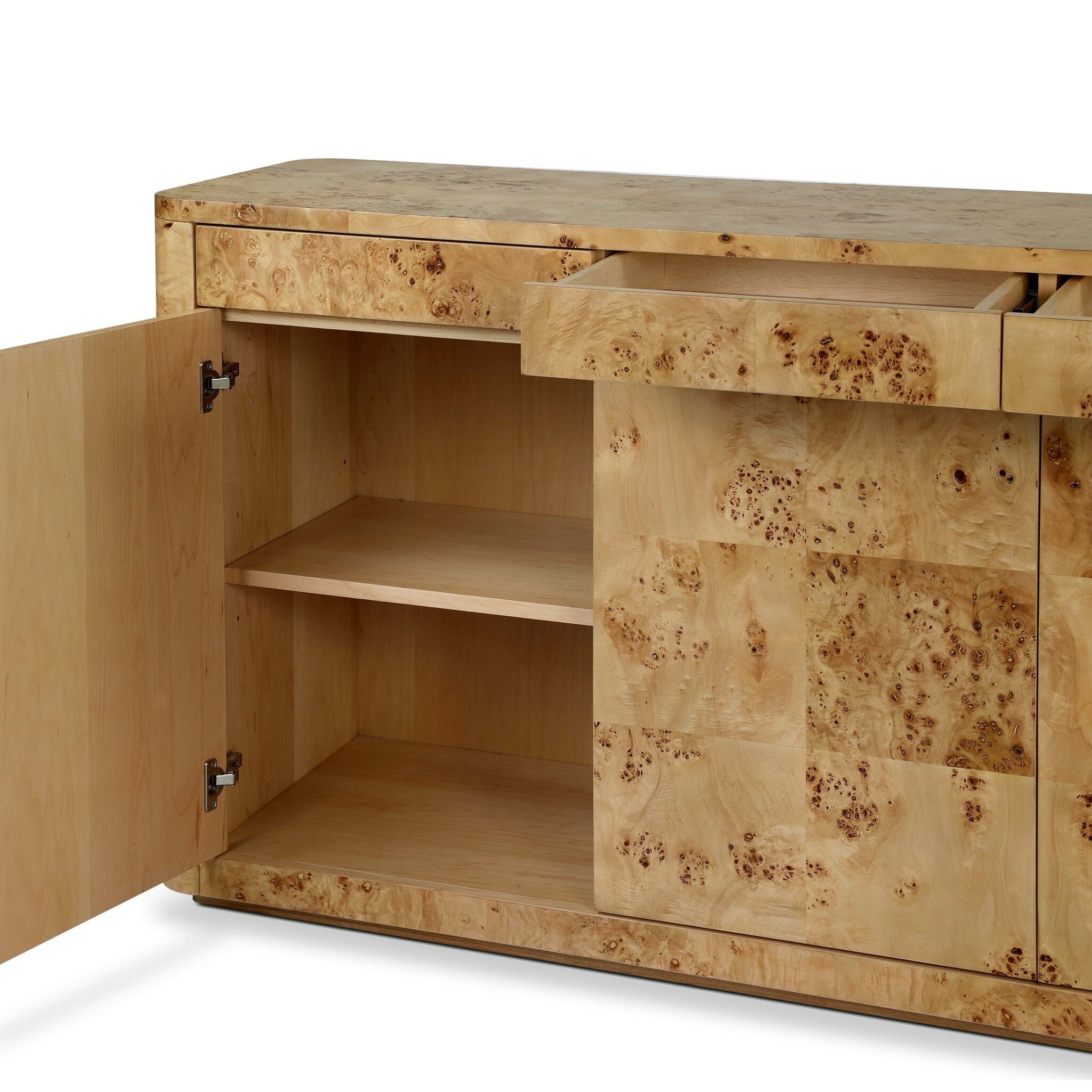 Wooden cabinet with one door open on a white background