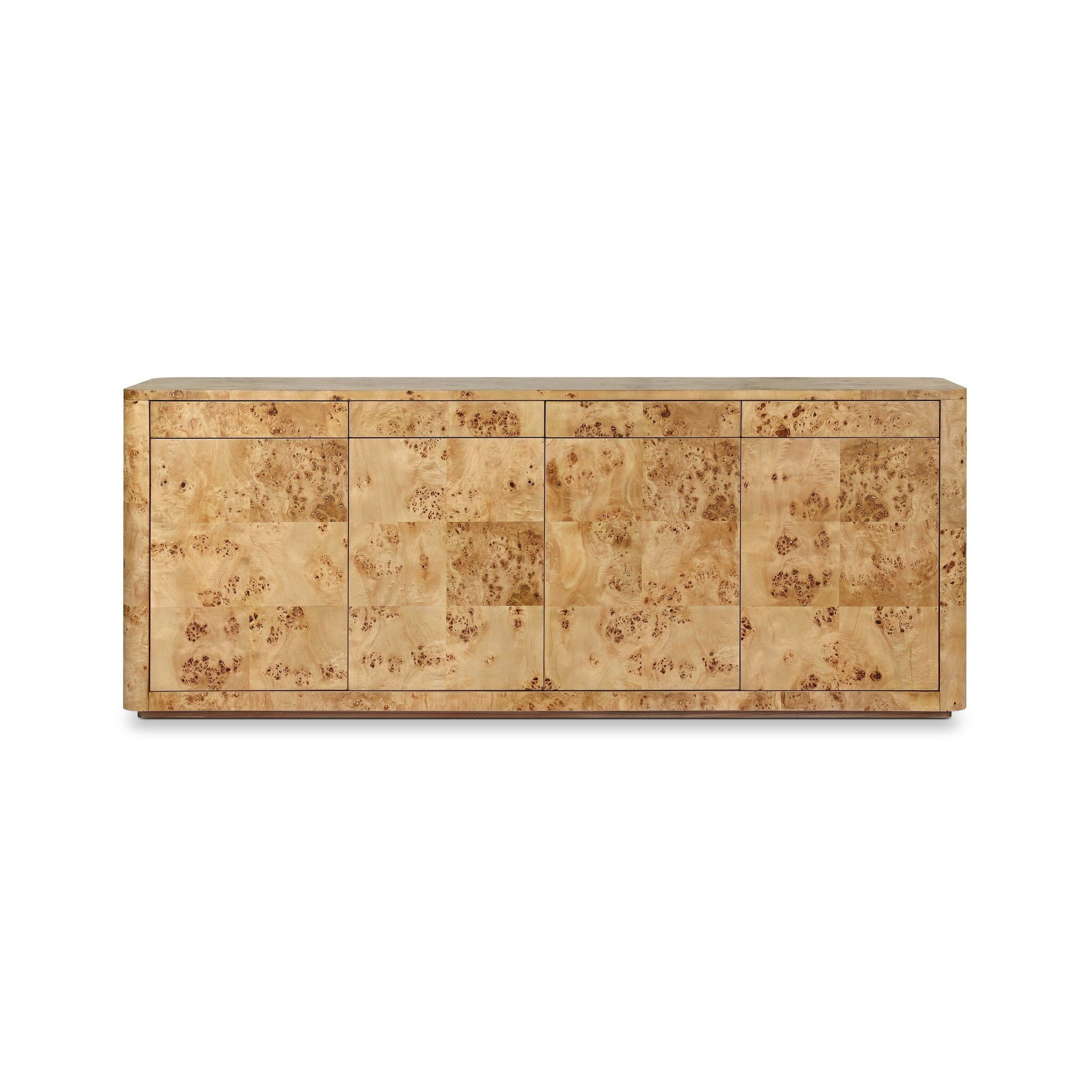 Wooden sideboard with a natural burl finish on a white background