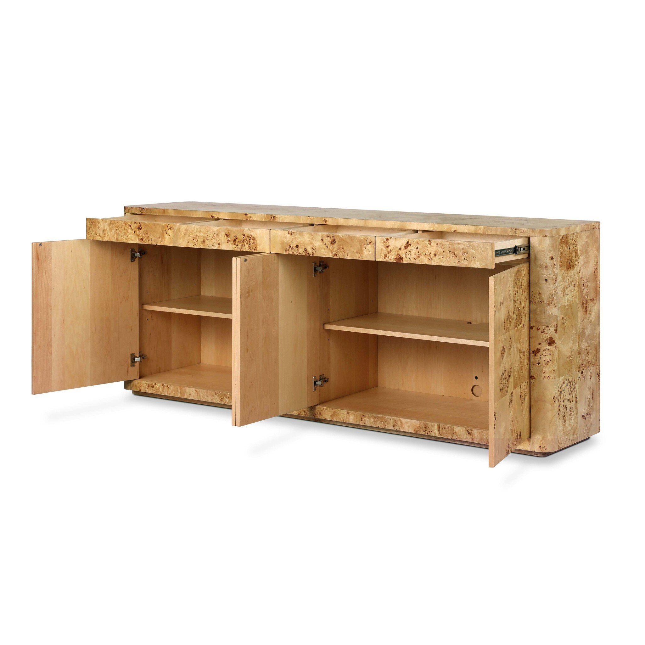 Wooden sideboard with open doors on a white background