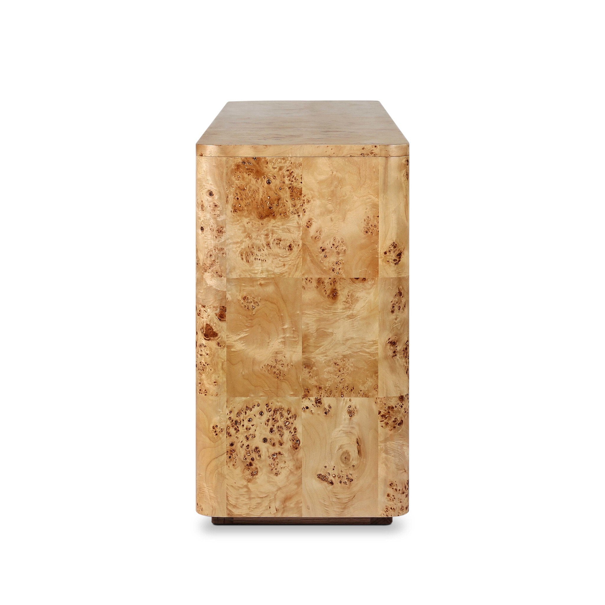 Wooden side table with a natural burl pattern on a white background