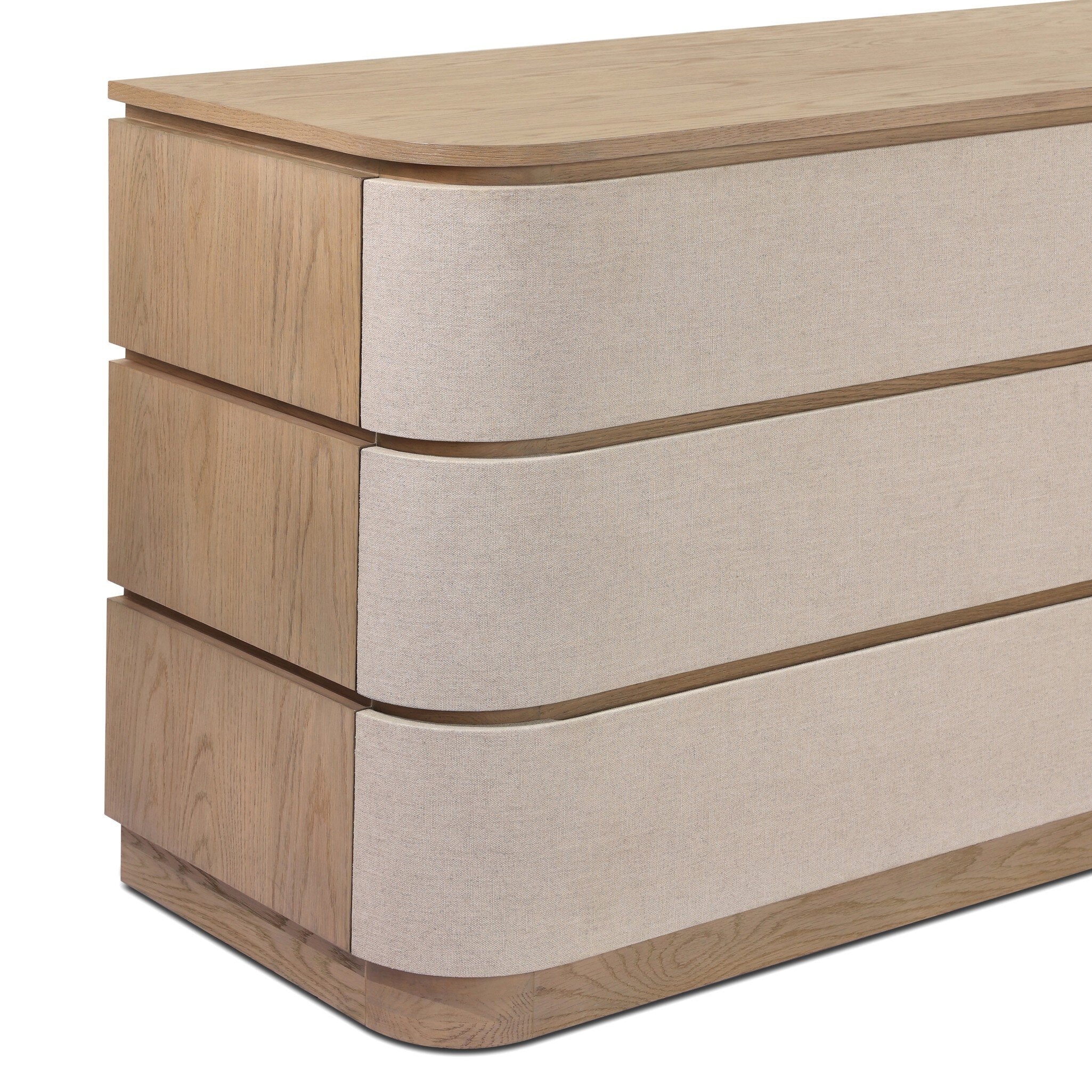 Wooden dresser with fabric drawers on a white background