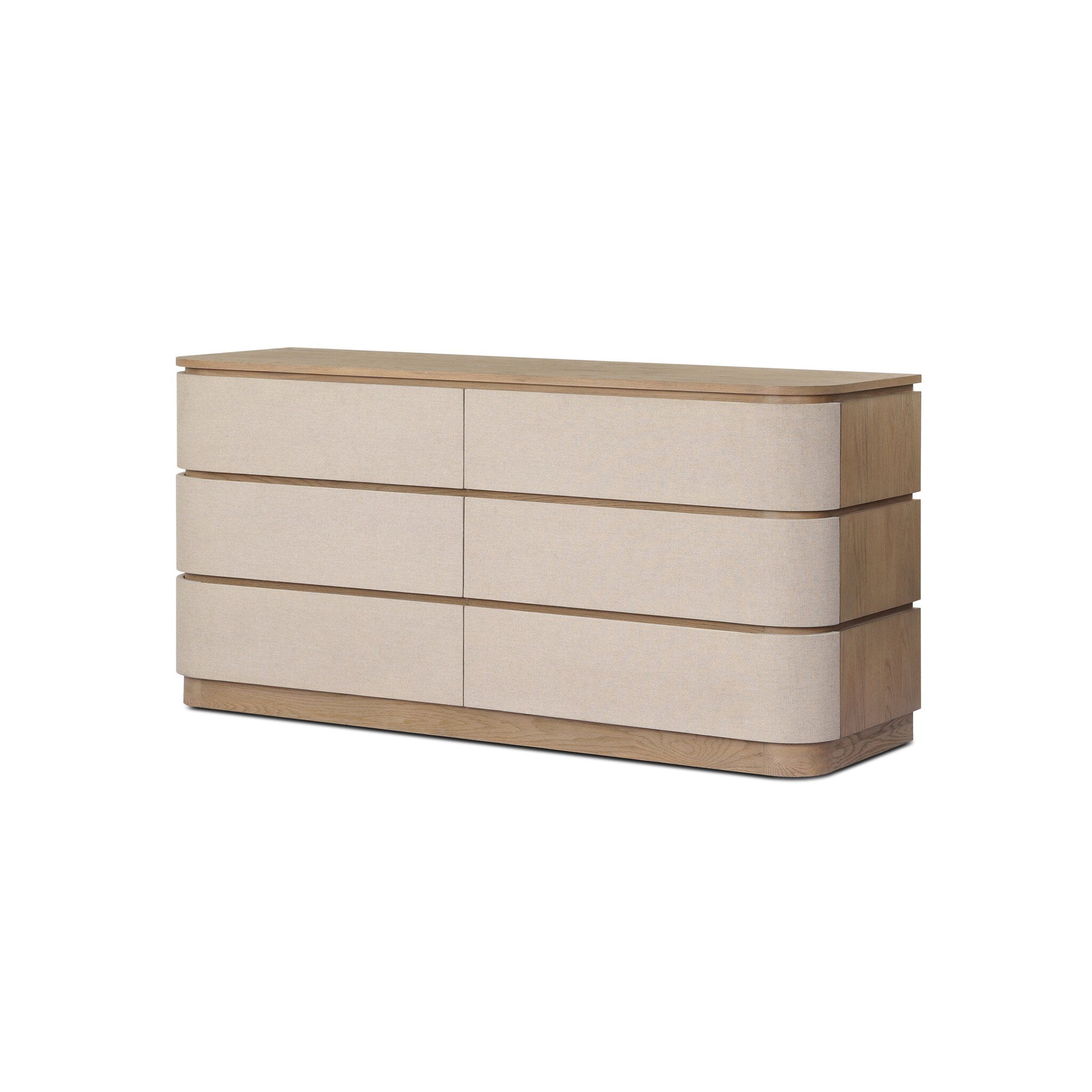 Beige and wood dresser on a white background