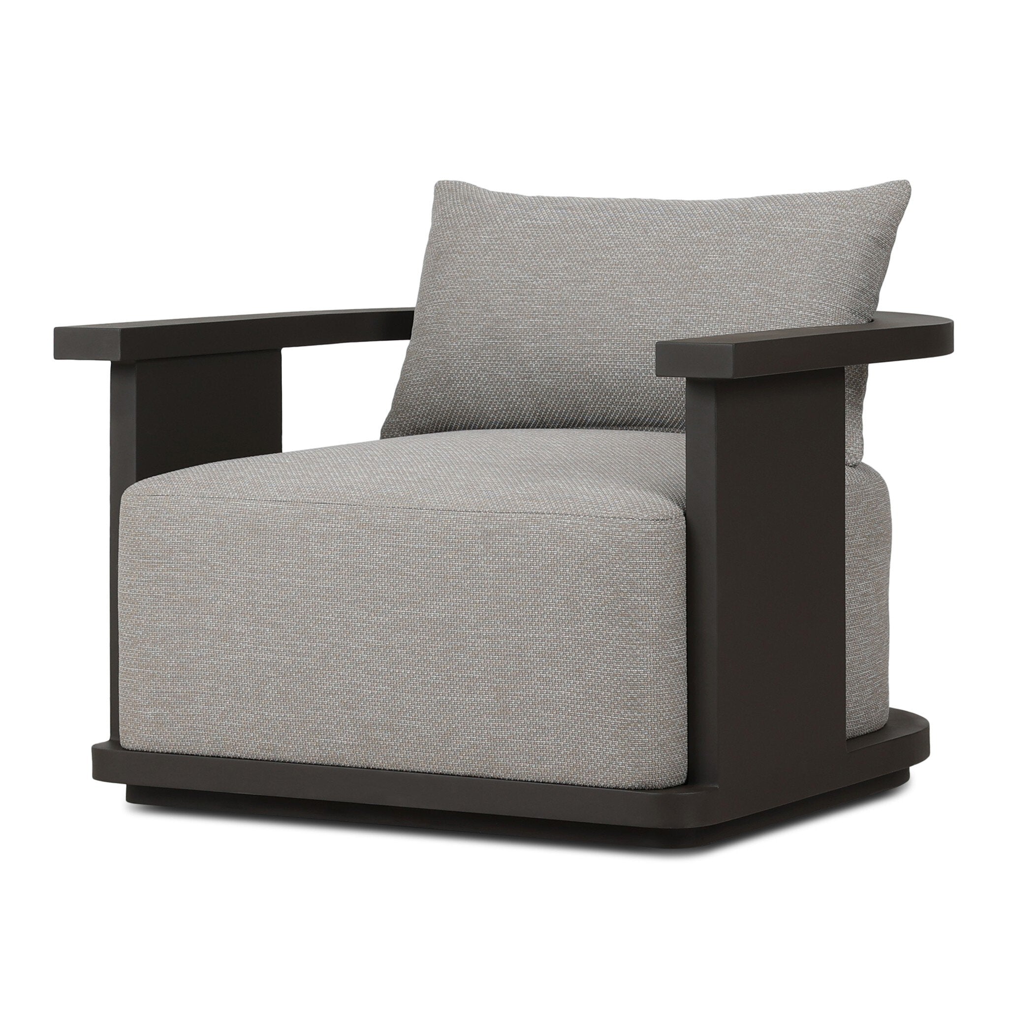 Gray armchair with dark wooden frame on a white background