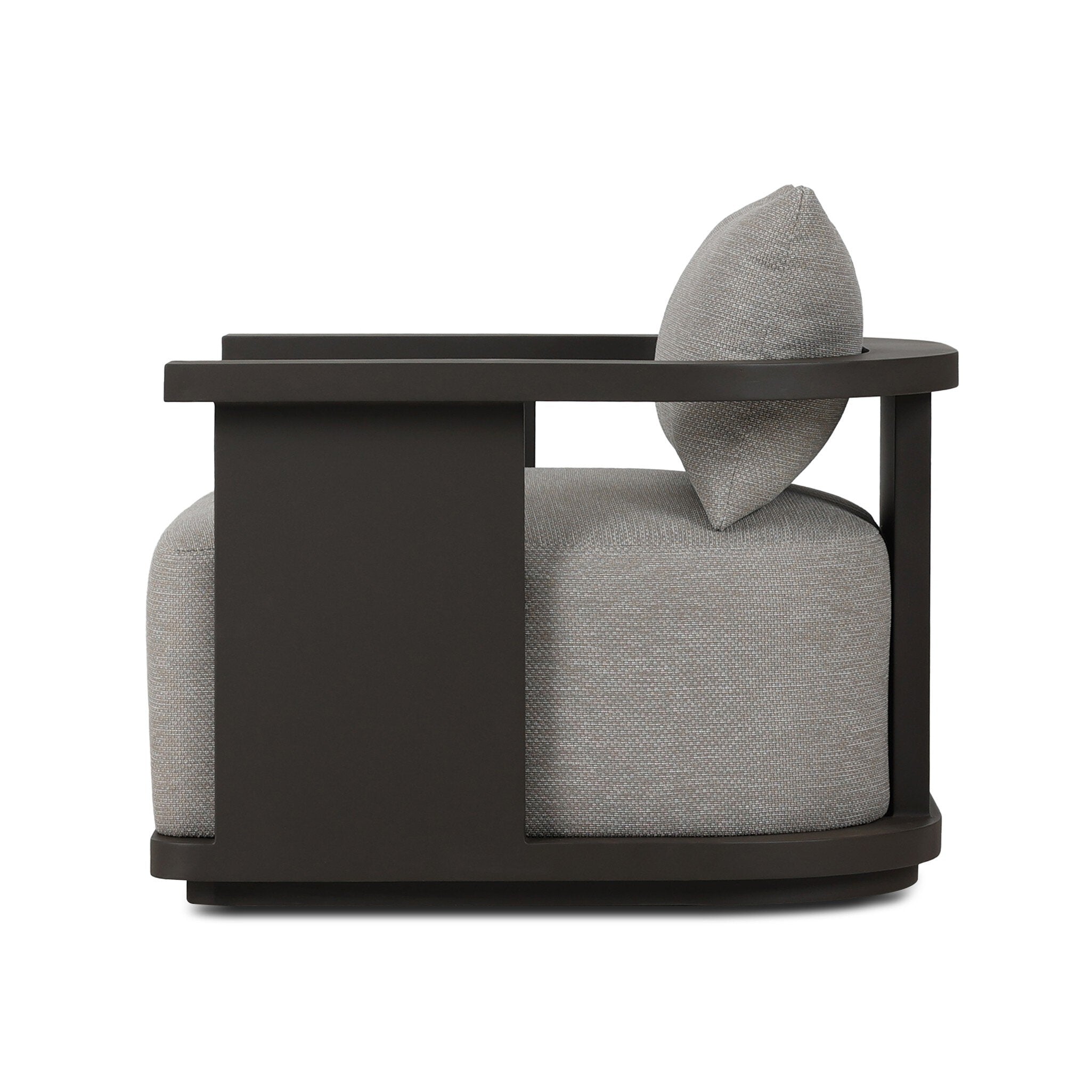 Modern chair with gray cushion and wooden frame on a white background