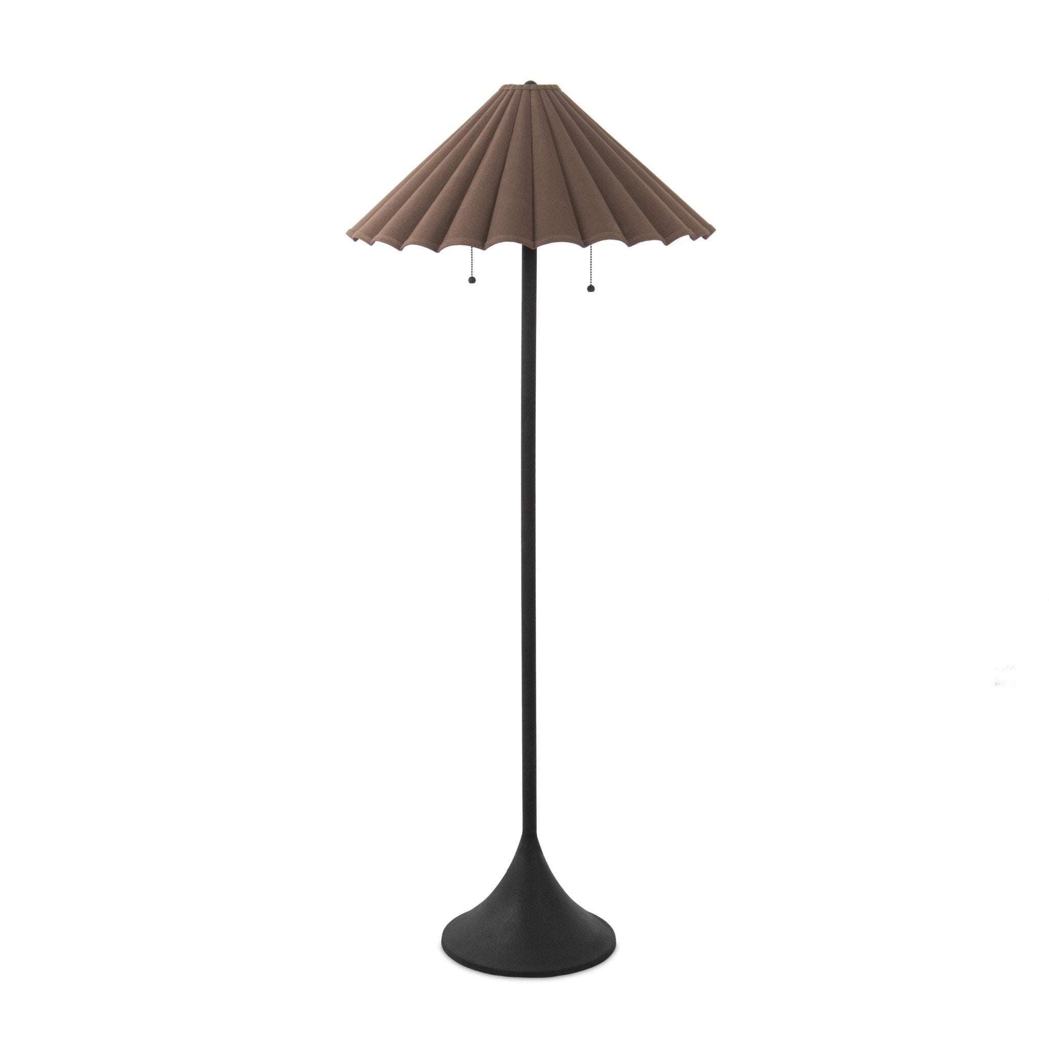 Floor lamp with a brown pleated shade on a white background