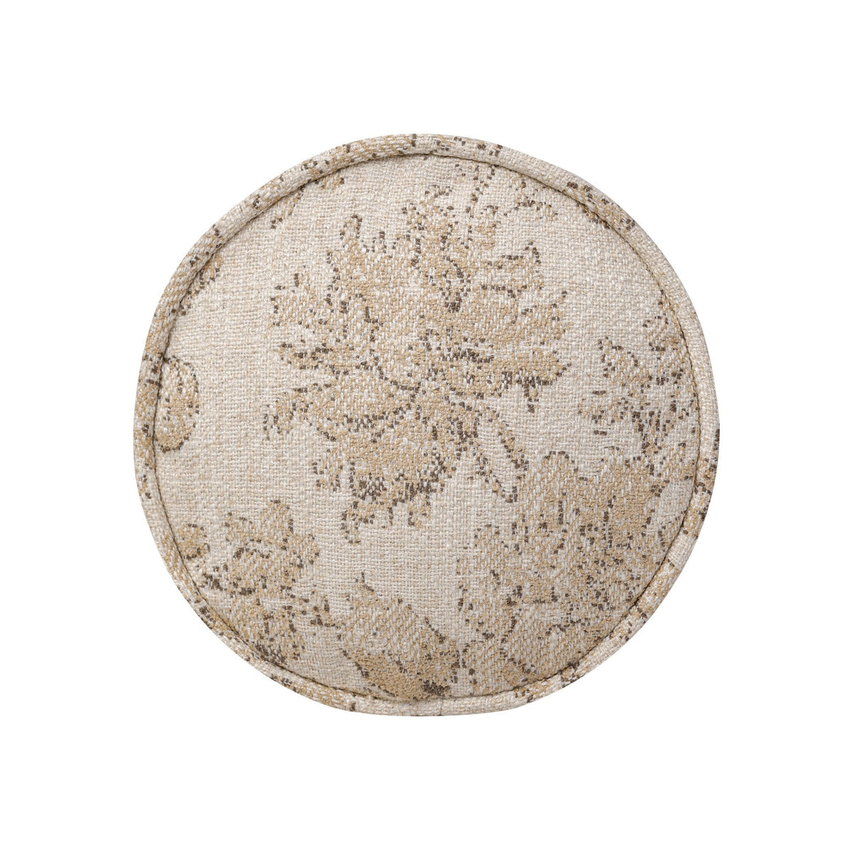 Round beige pillow with floral pattern on a white background