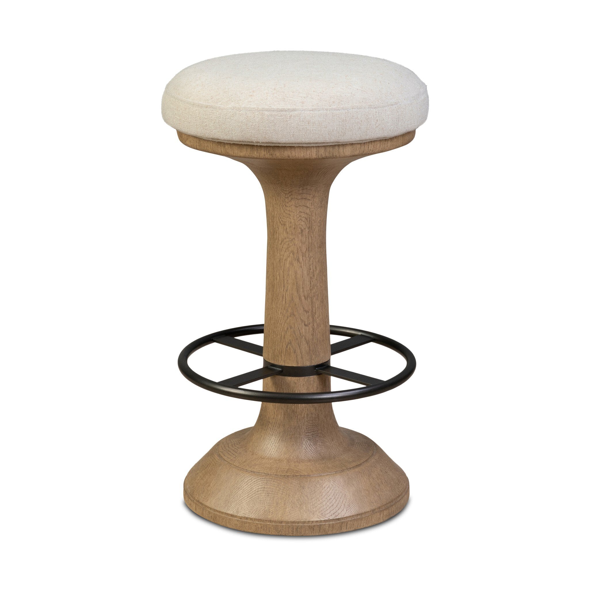 Wooden bar stool with a white cushioned seat on a white background
