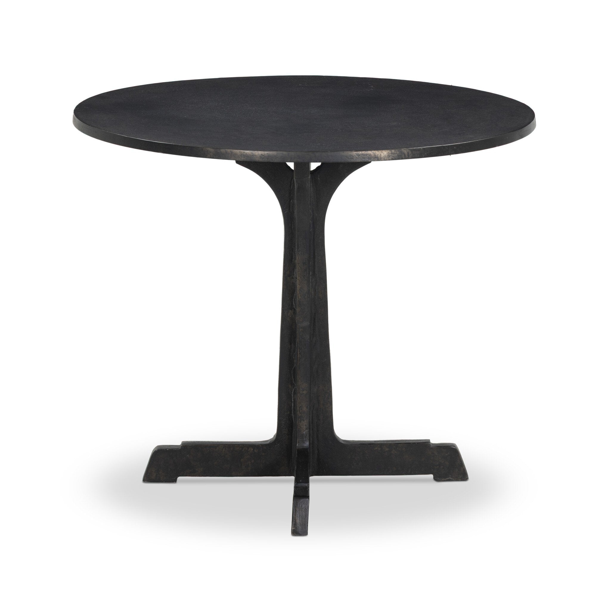 Black round outdoor table with a pedestal base on a white background