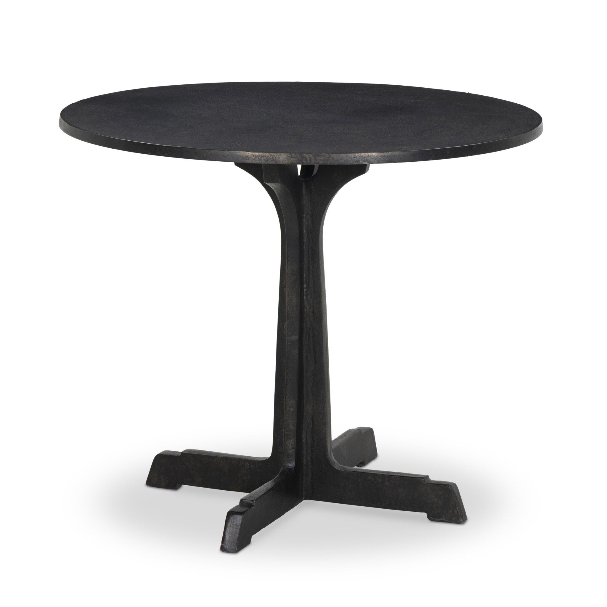 Black round table with a pedestal base on a white background