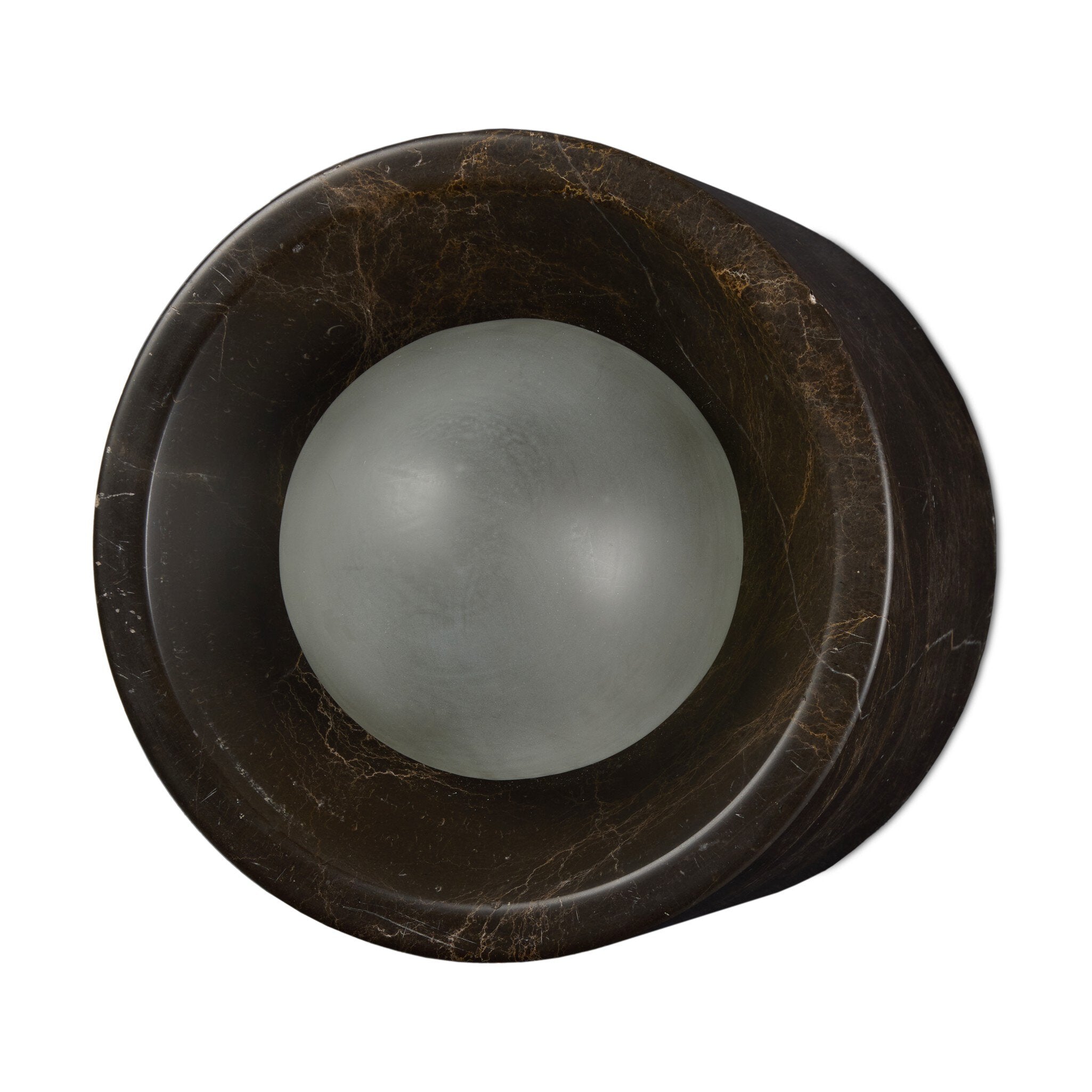 Round dark brown stone object with a gray sphere inside on a white background