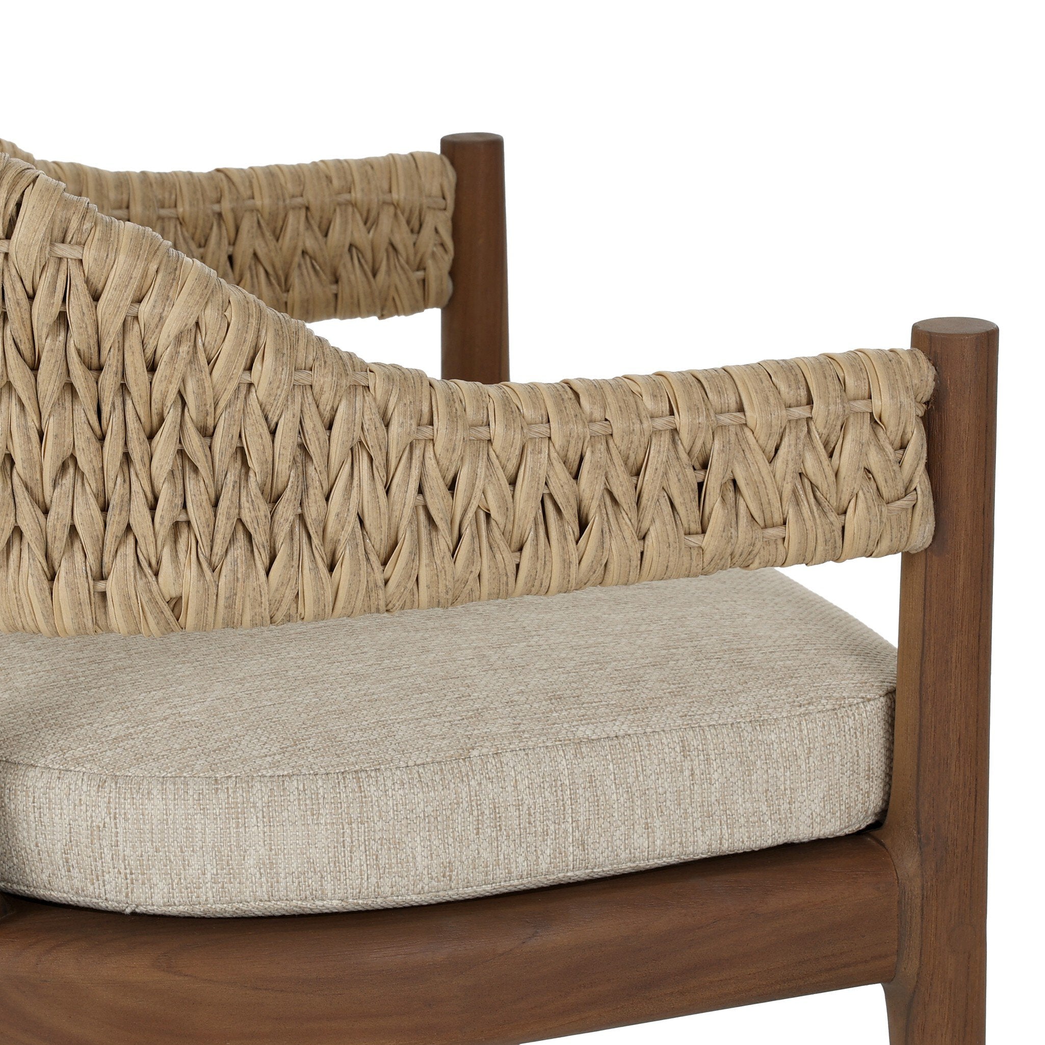 Wooden chair with woven backrest and cushioned seat on a white background