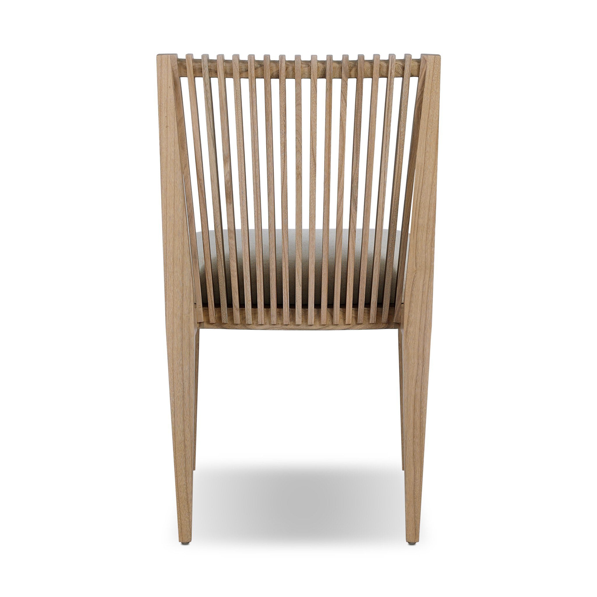 Wooden dining chair with slatted backrest on a white background