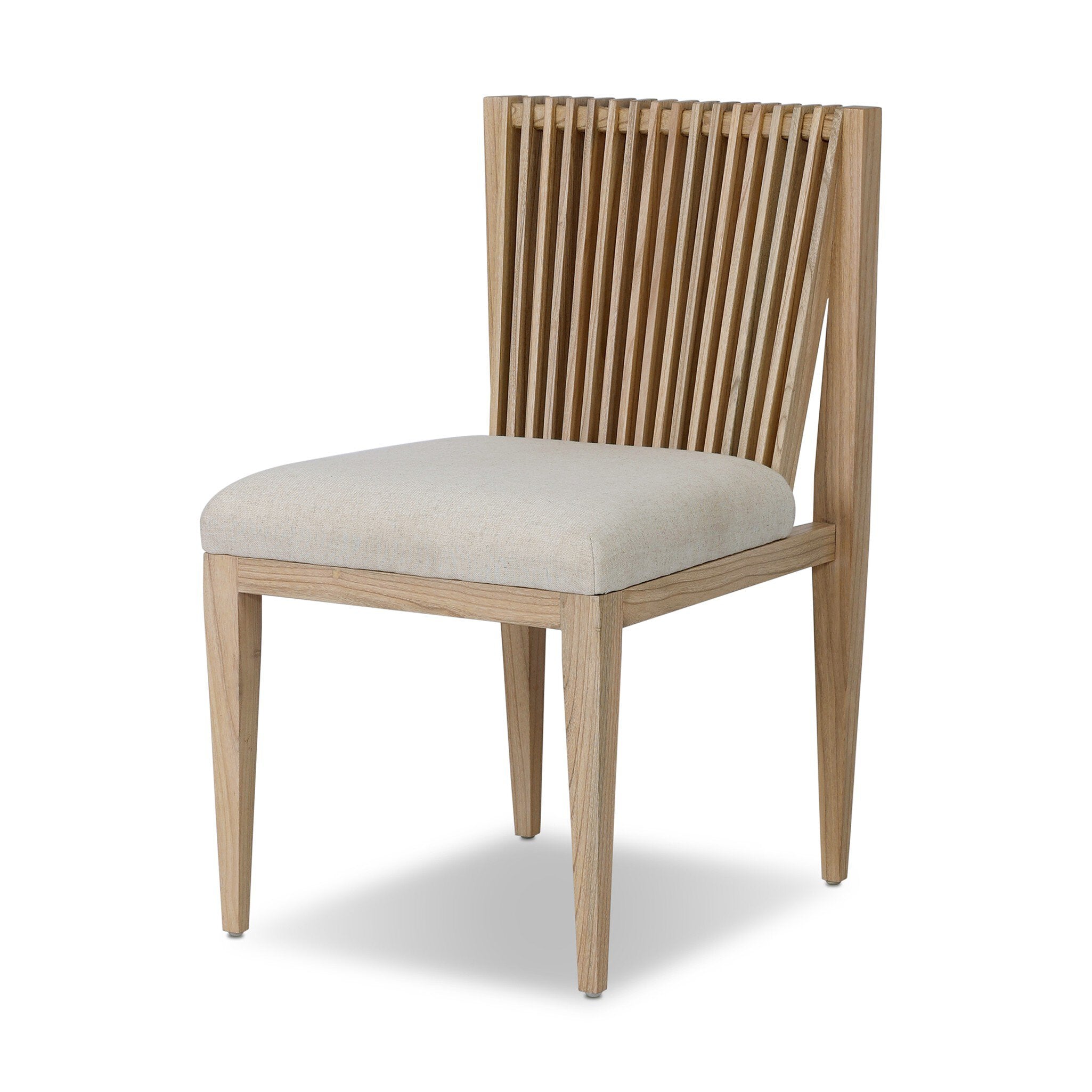 Wooden chair with a slatted backrest and beige cushion on a white background