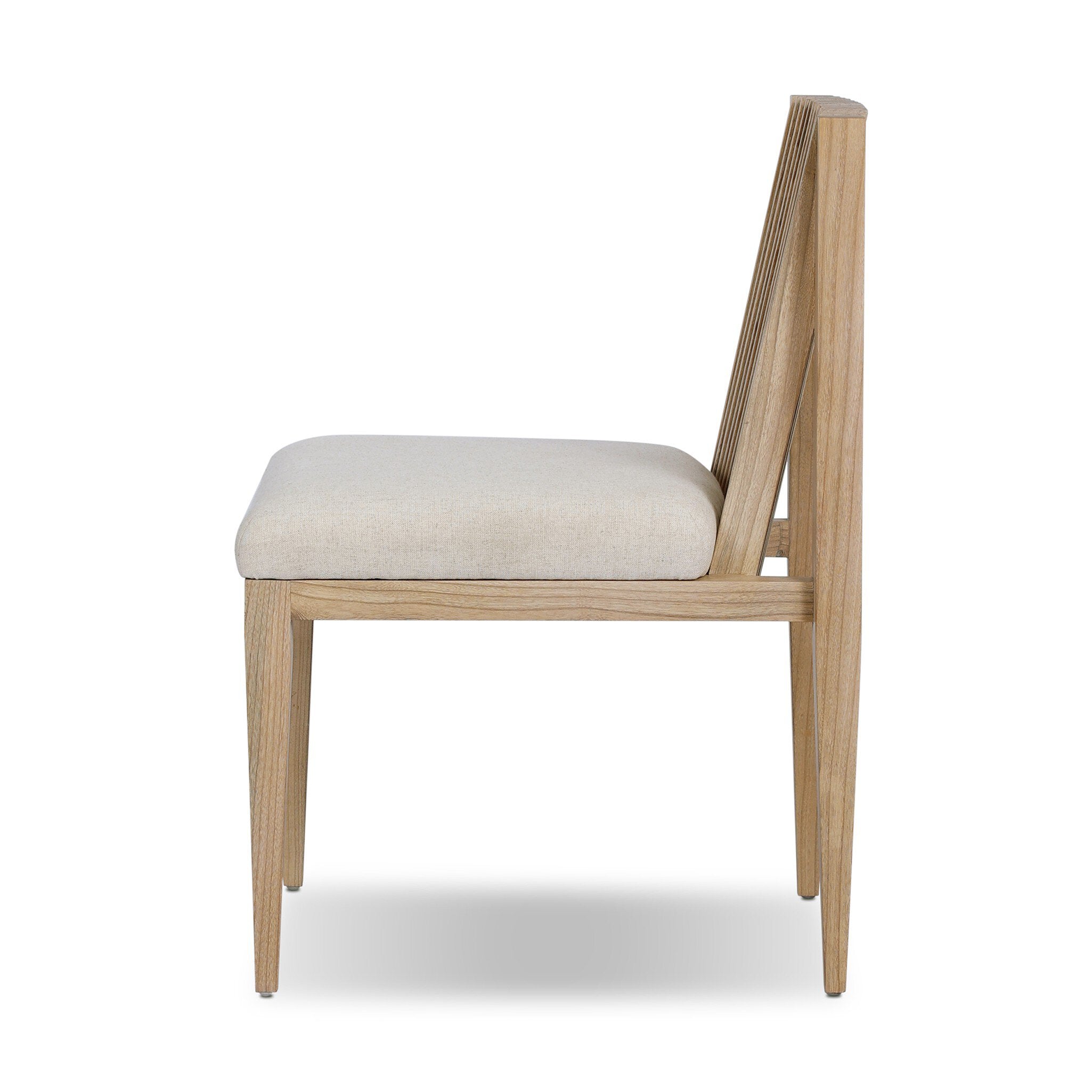 Wooden dining chair with a beige cushion on a white background