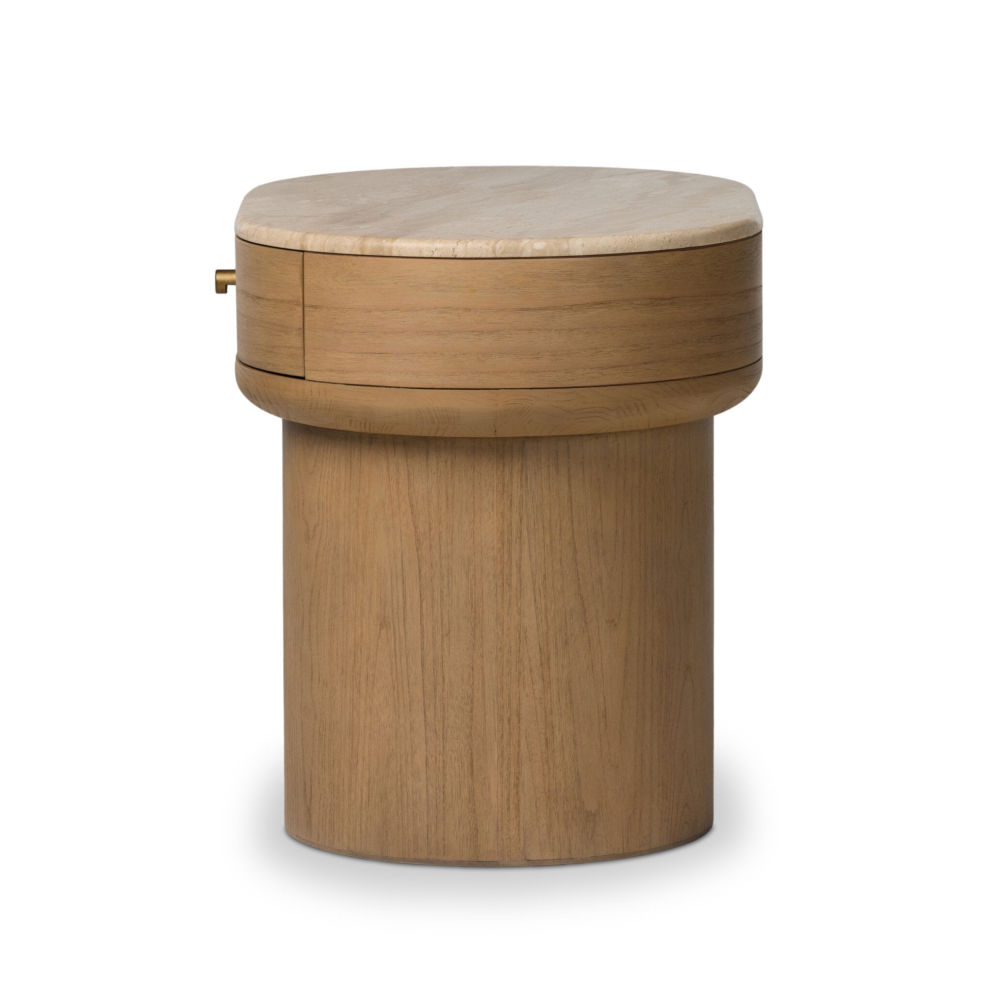 Wooden cylindrical nightstand with a light finish on a white background