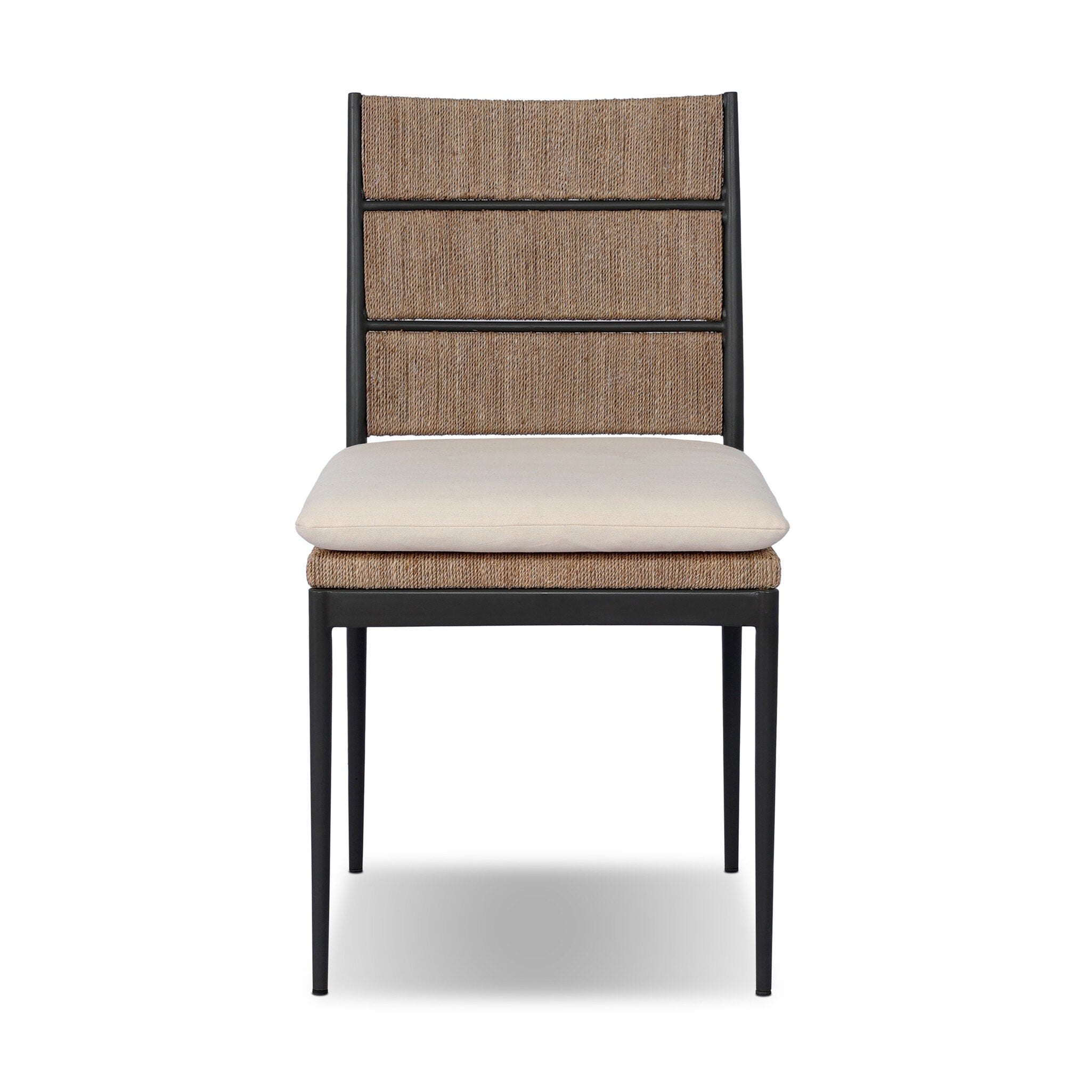 Chair with woven backrest and white cushion on a white background