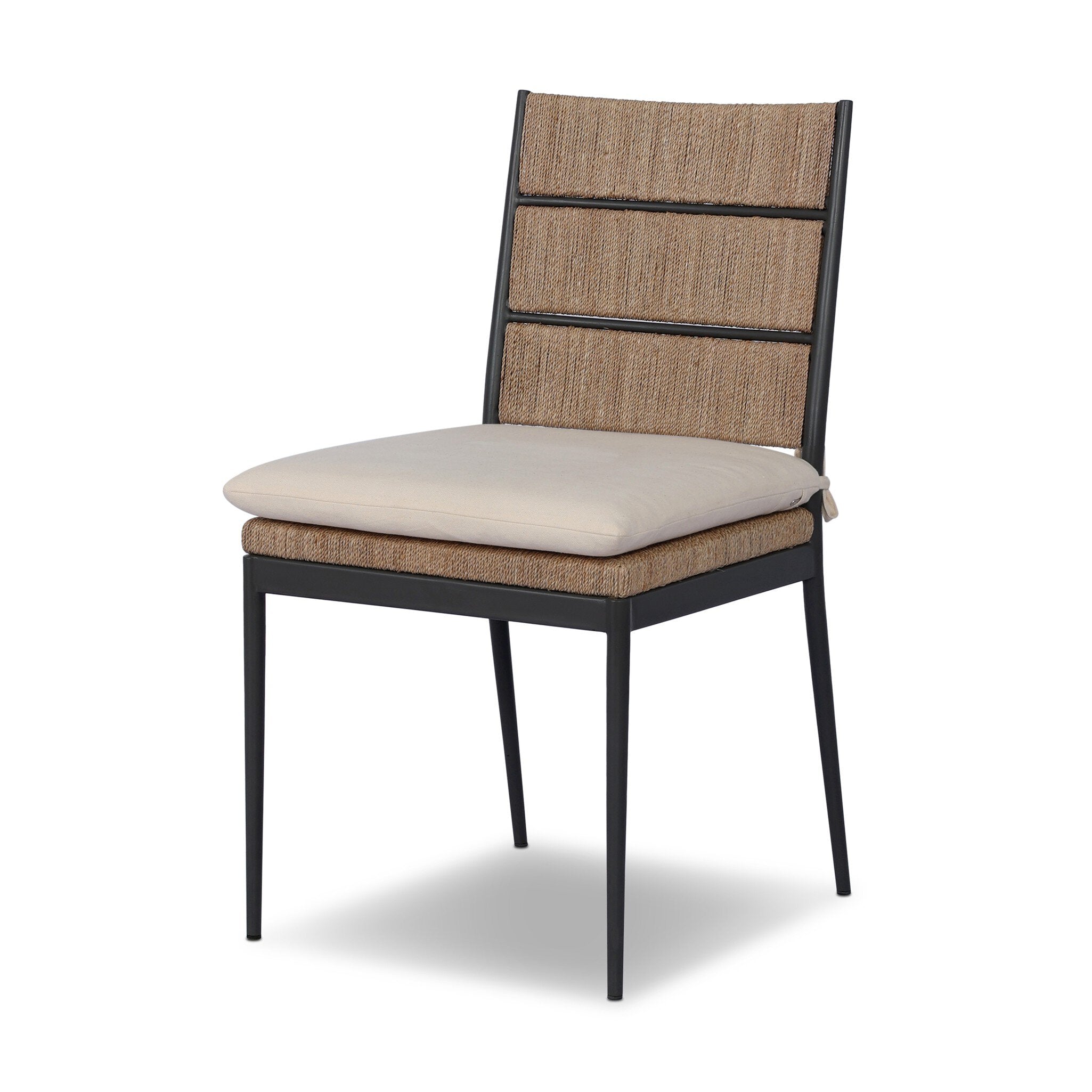 Chair with beige cushion and woven backrest on a white background