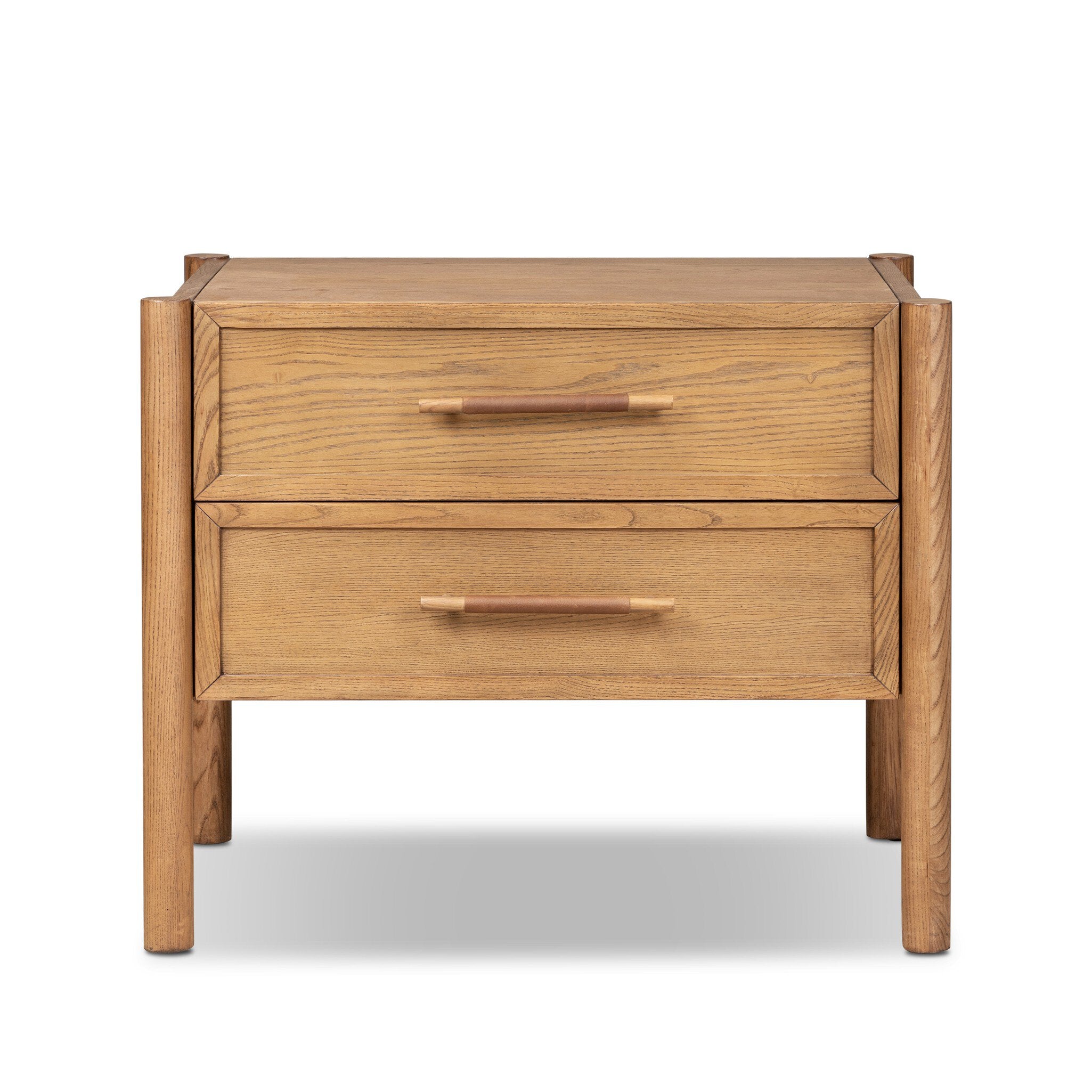 A two-drawer wooden nightstand with a natural oak finish and matching wood pull handles, shown against a plain white background.