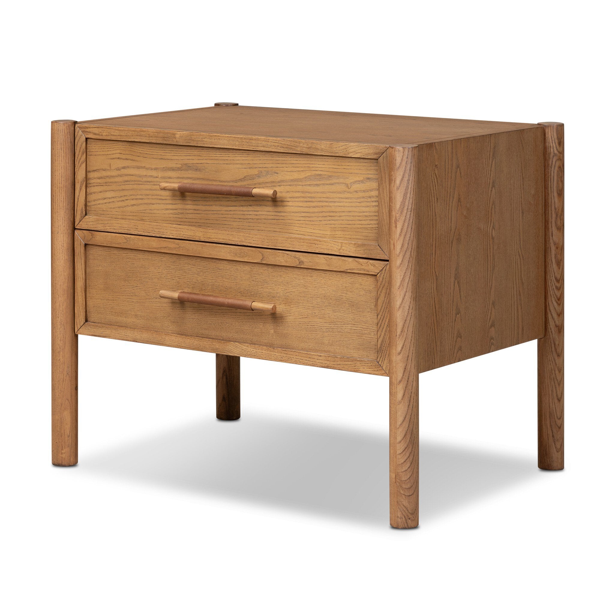A mid-century modern wooden nightstand with two drawers, featuring a warm oak finish and simple wooden handles, shown on a white background.