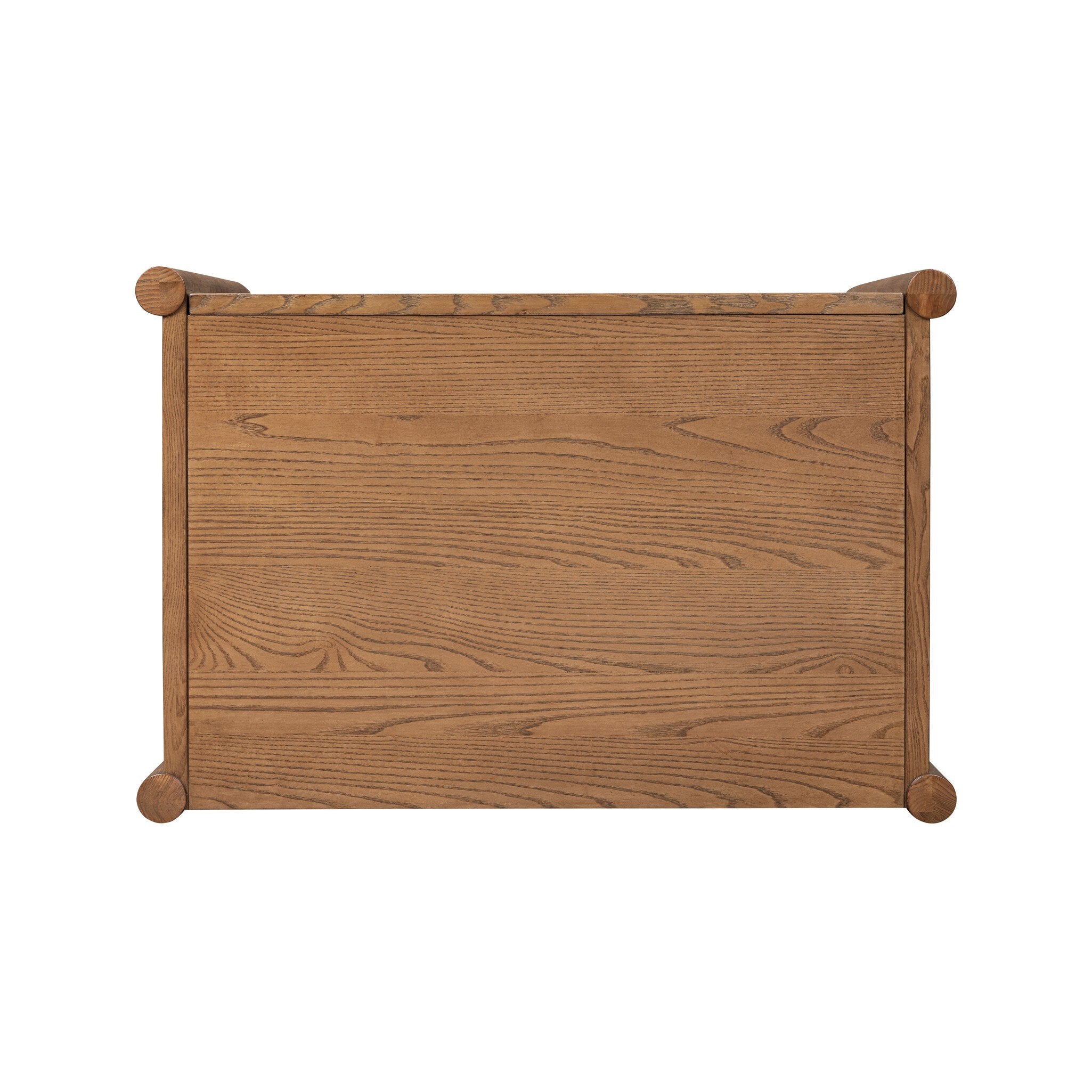 A rectangular wooden chest or cabinet shown from the front, featuring a medium brown oak wood grain finish and rounded corners, isolated on a white background.