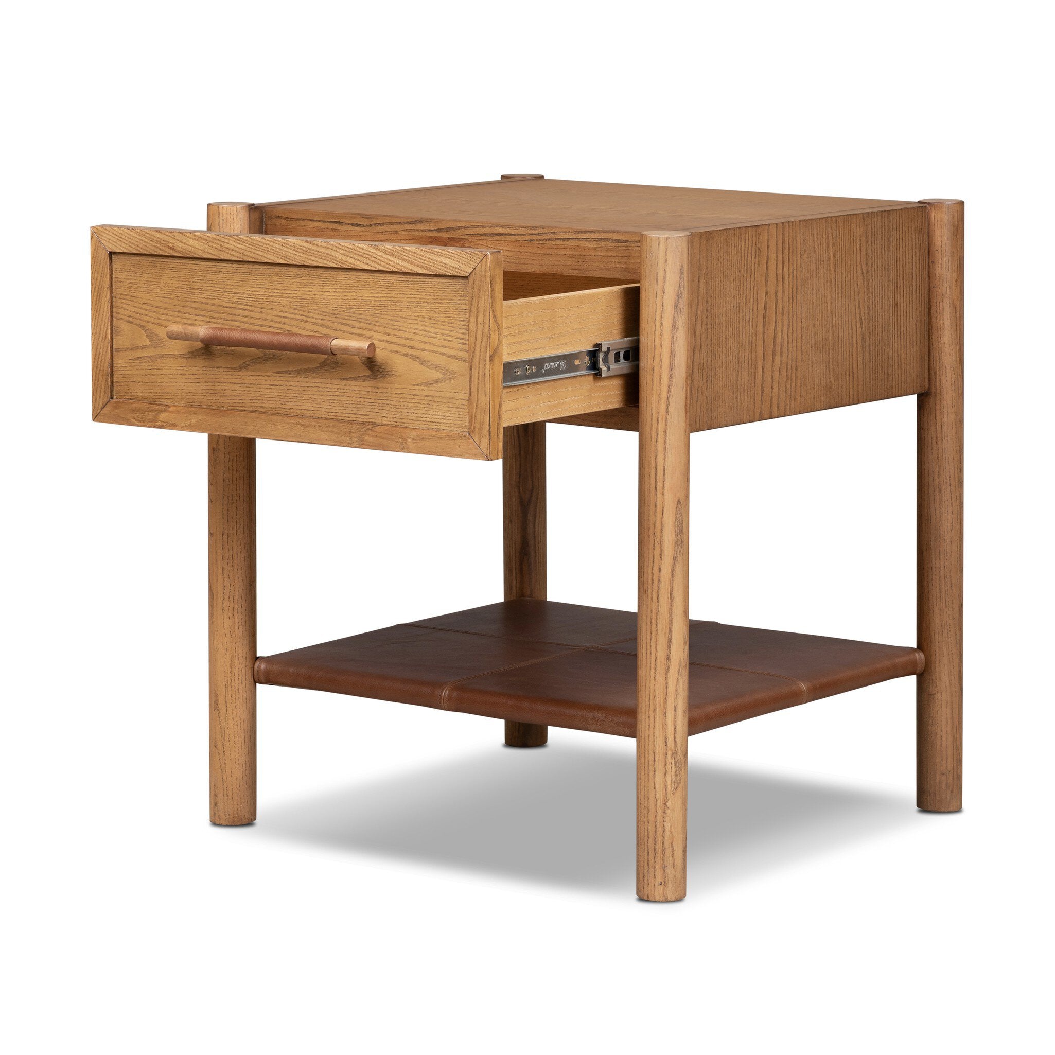 A mid-century modern wooden side table with a warm oak finish, featuring a single drawer with a pull handle, an open shelf, and a slightly pulled-out top surface, shown on a white background.