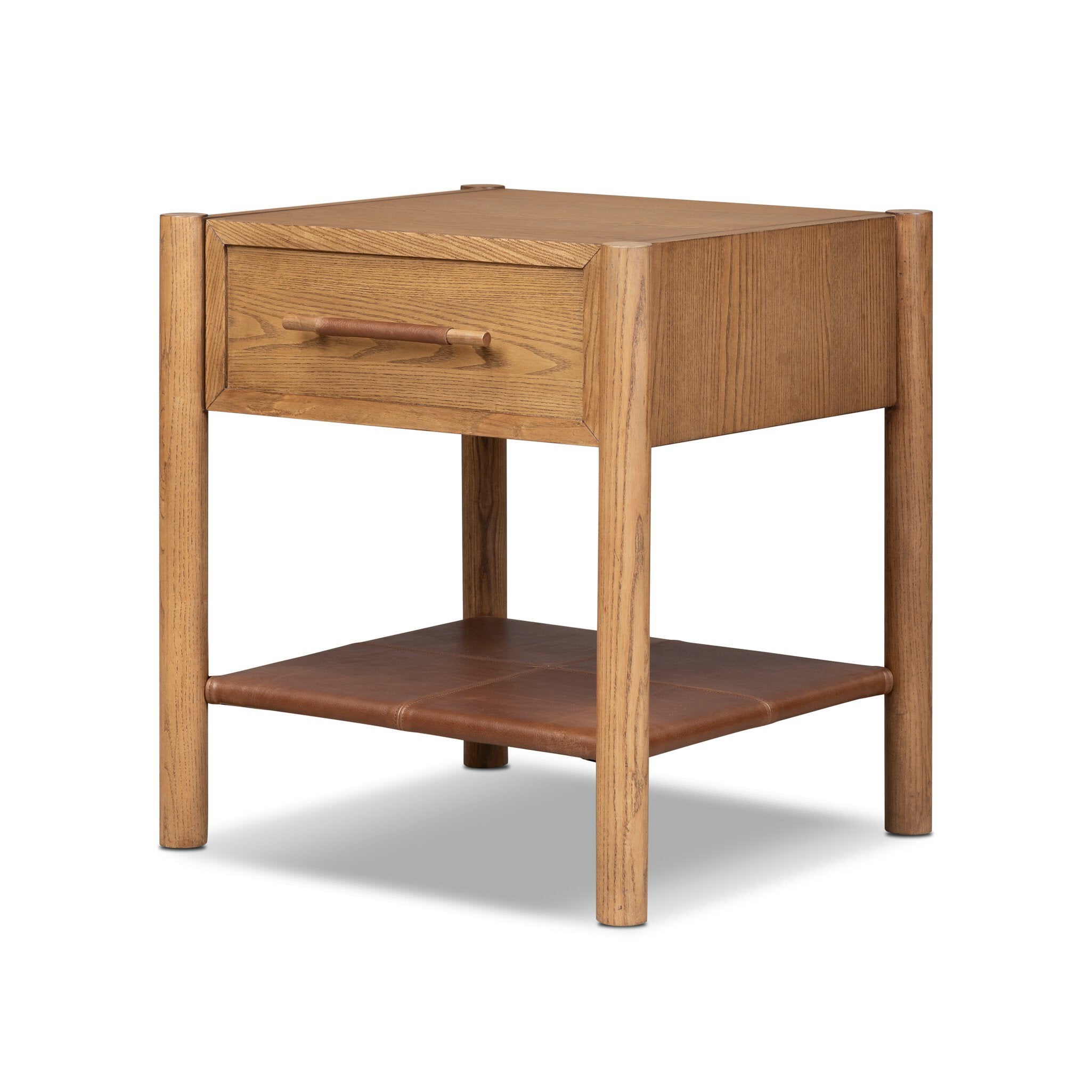 A mid-century modern wooden side table with a single drawer, open lower shelf, and tapered legs, shown on a white background.