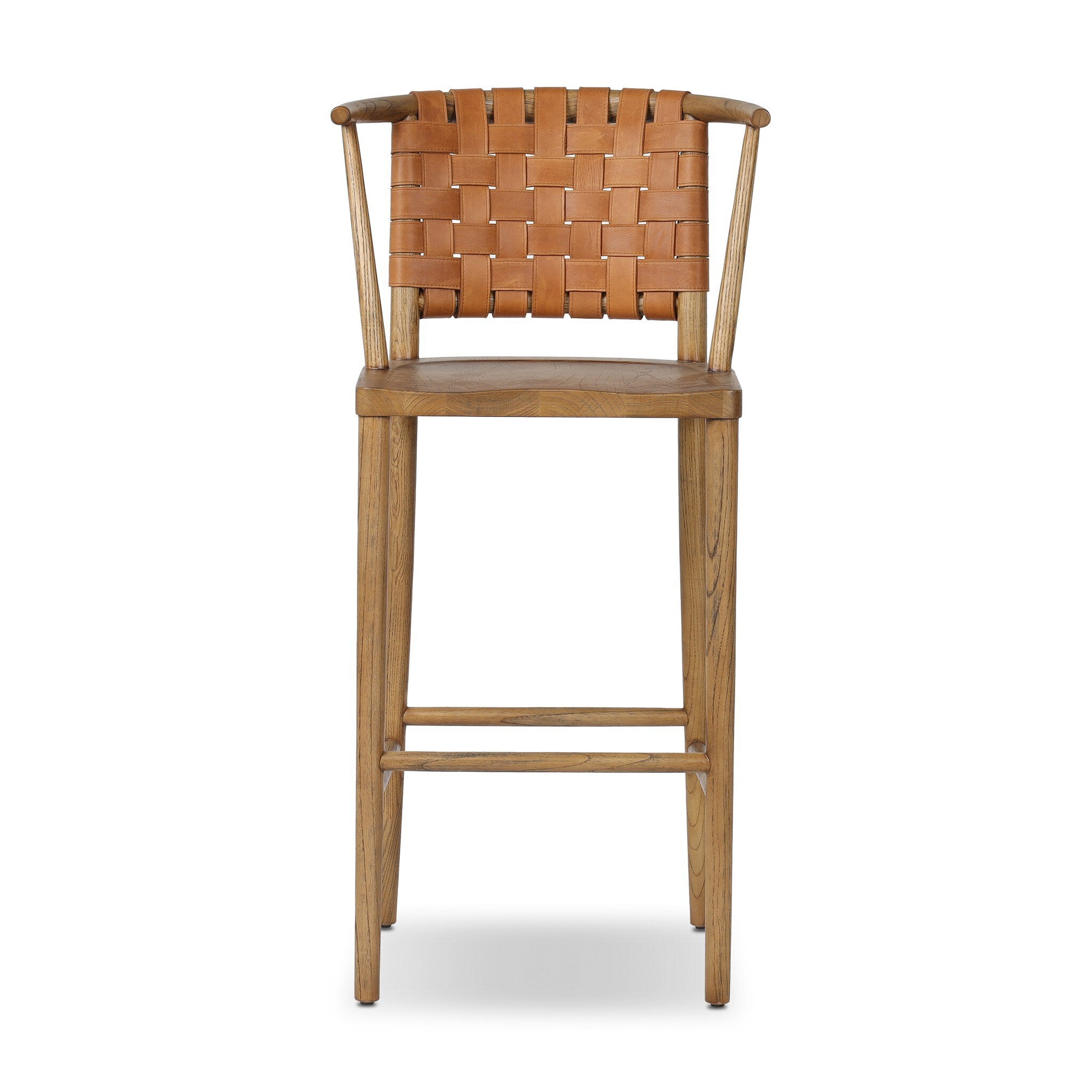 Wooden bar stool with woven backrest on a white background