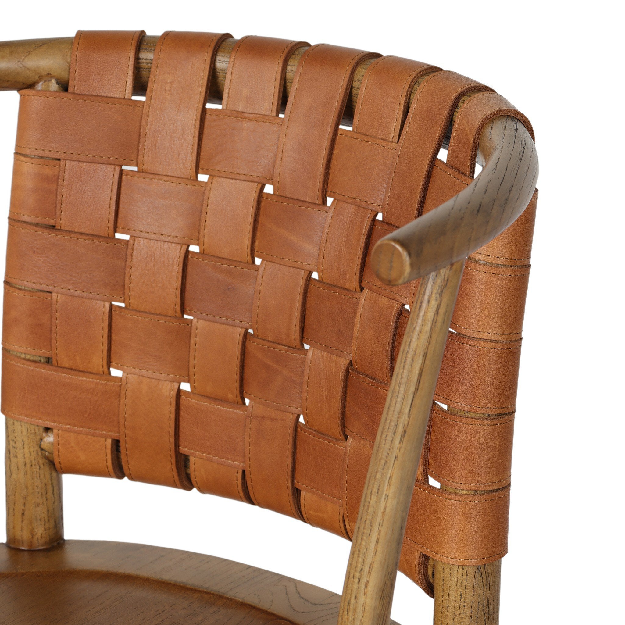 Close-up of a brown woven chair with wooden frame on a white background