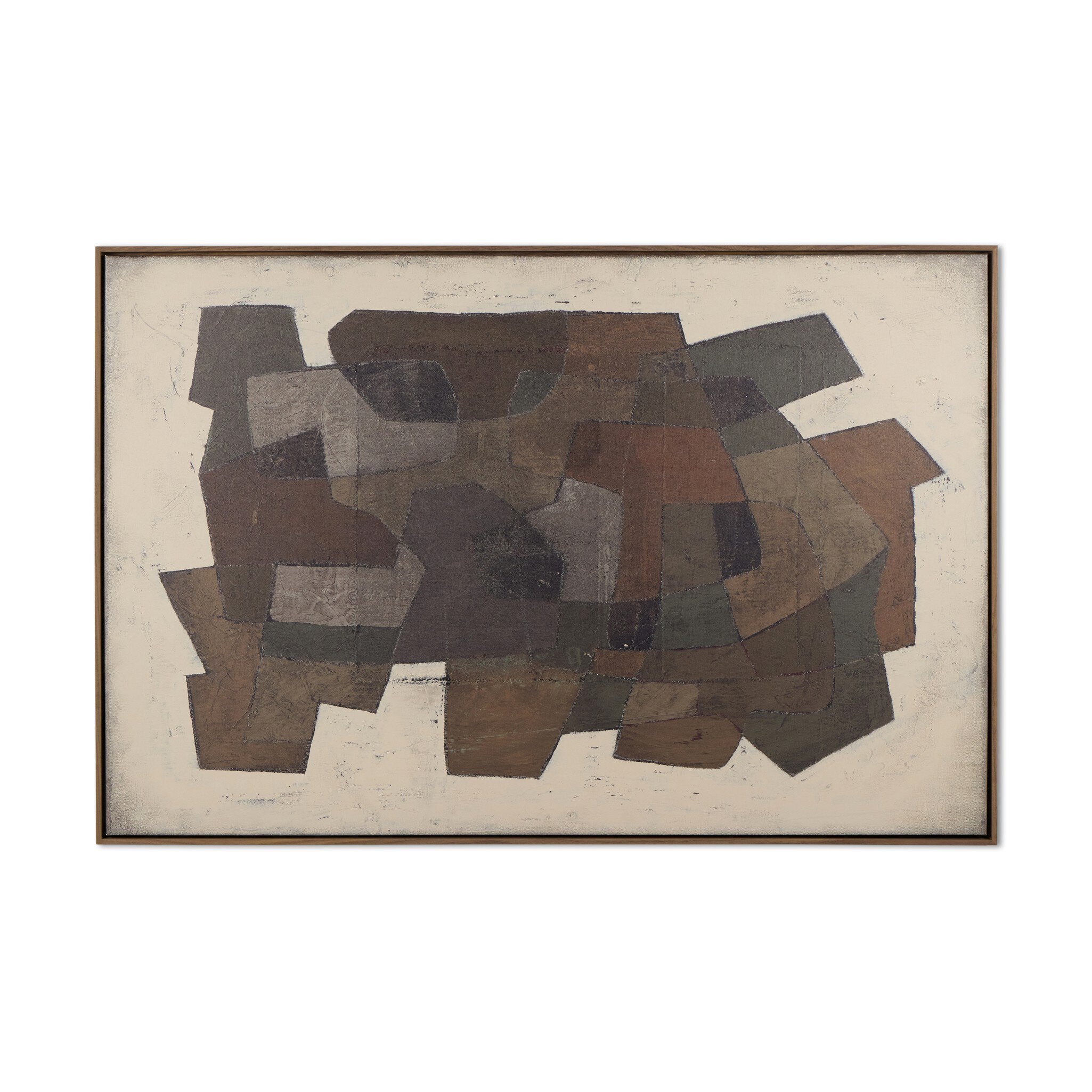 Abstract art piece with geometric shapes in brown and black on a beige background