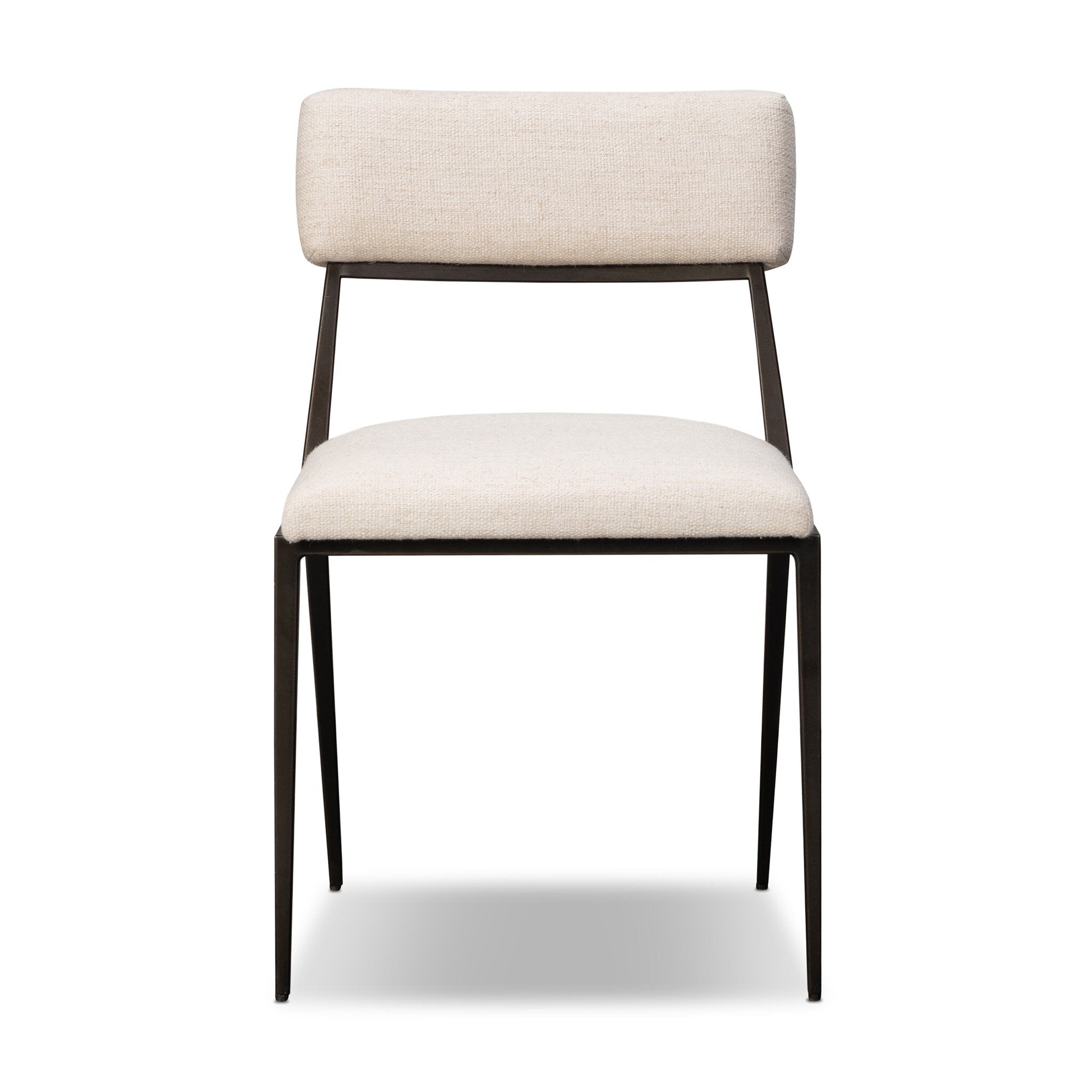 Beige chair with black metal legs on a white background