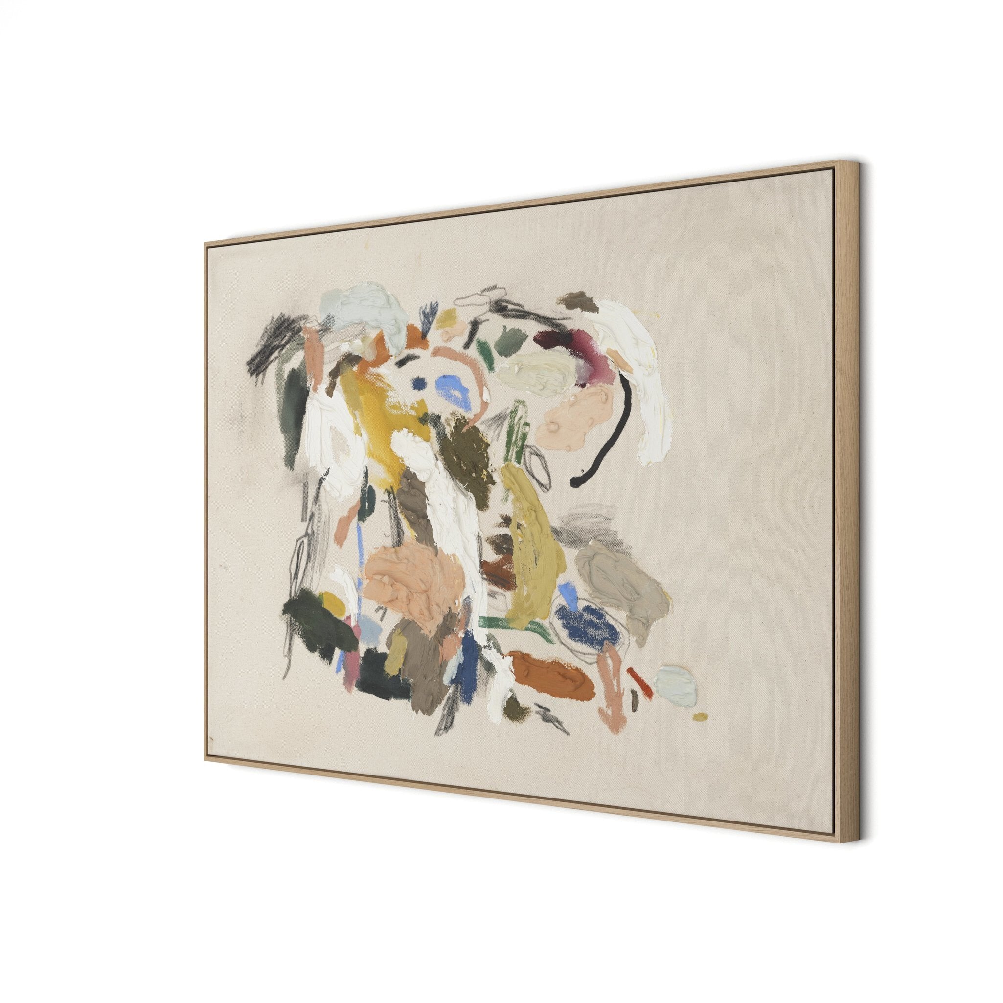 Abstract painting with colorful elements on a beige background