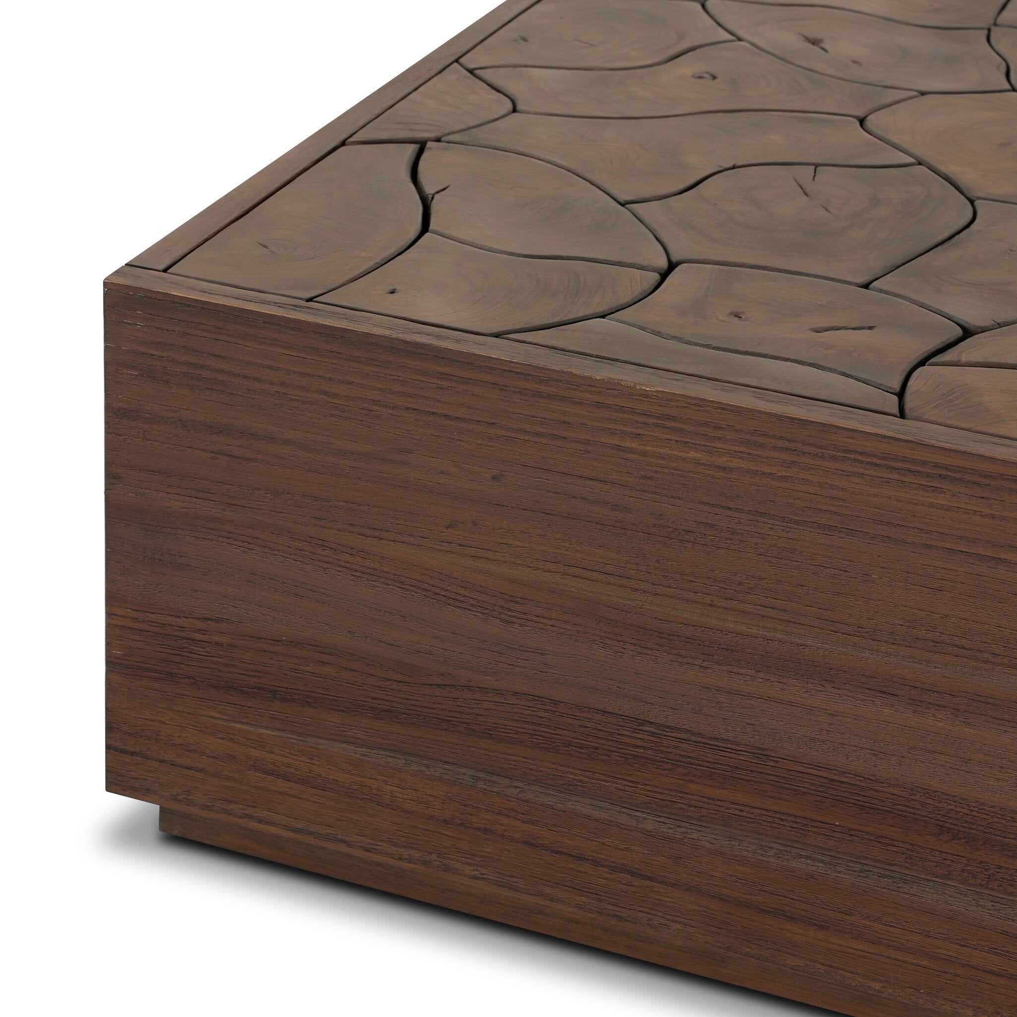 Wooden coffee table with stone-like pattern on a white background