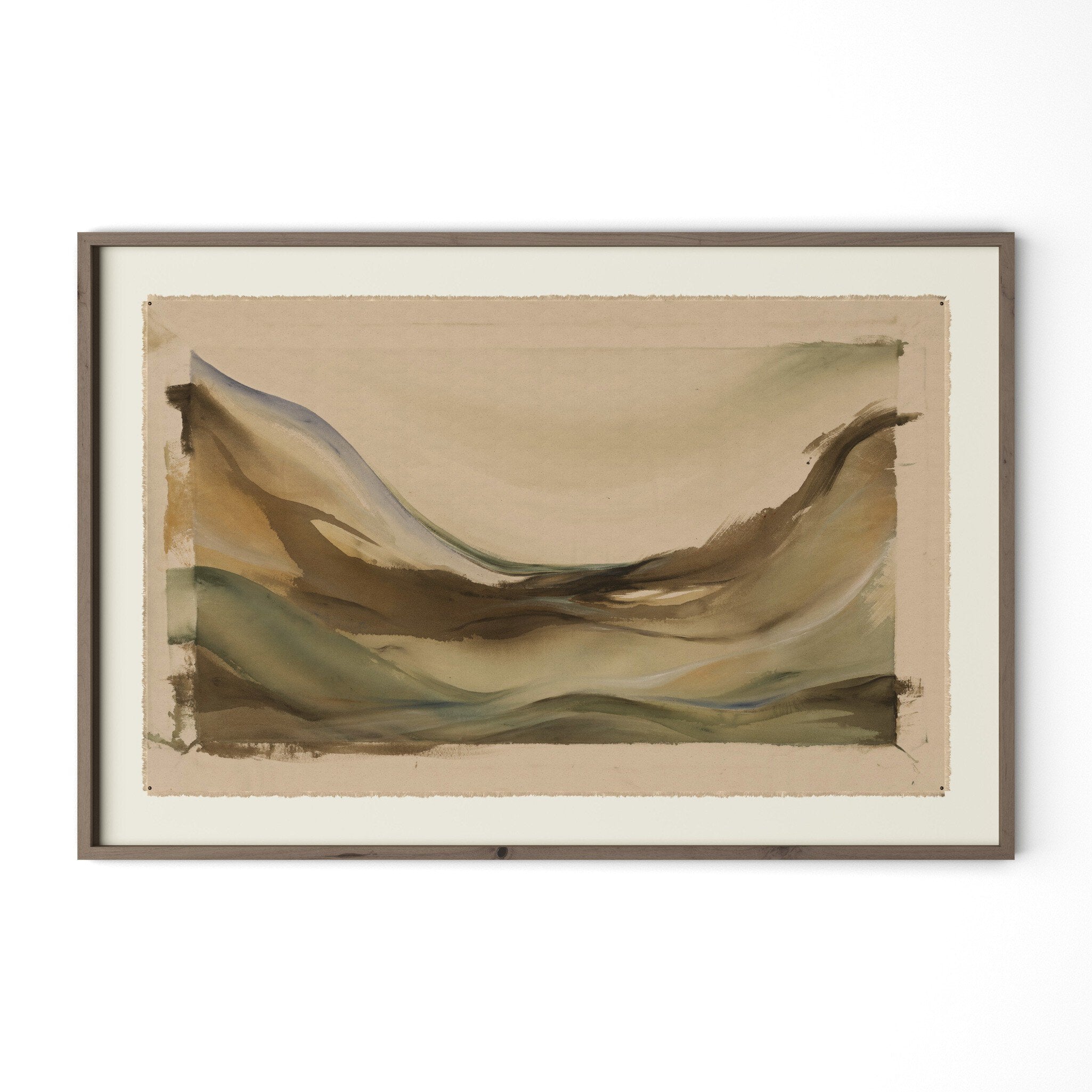 Framed abstract artwork with wavy lines on a beige background