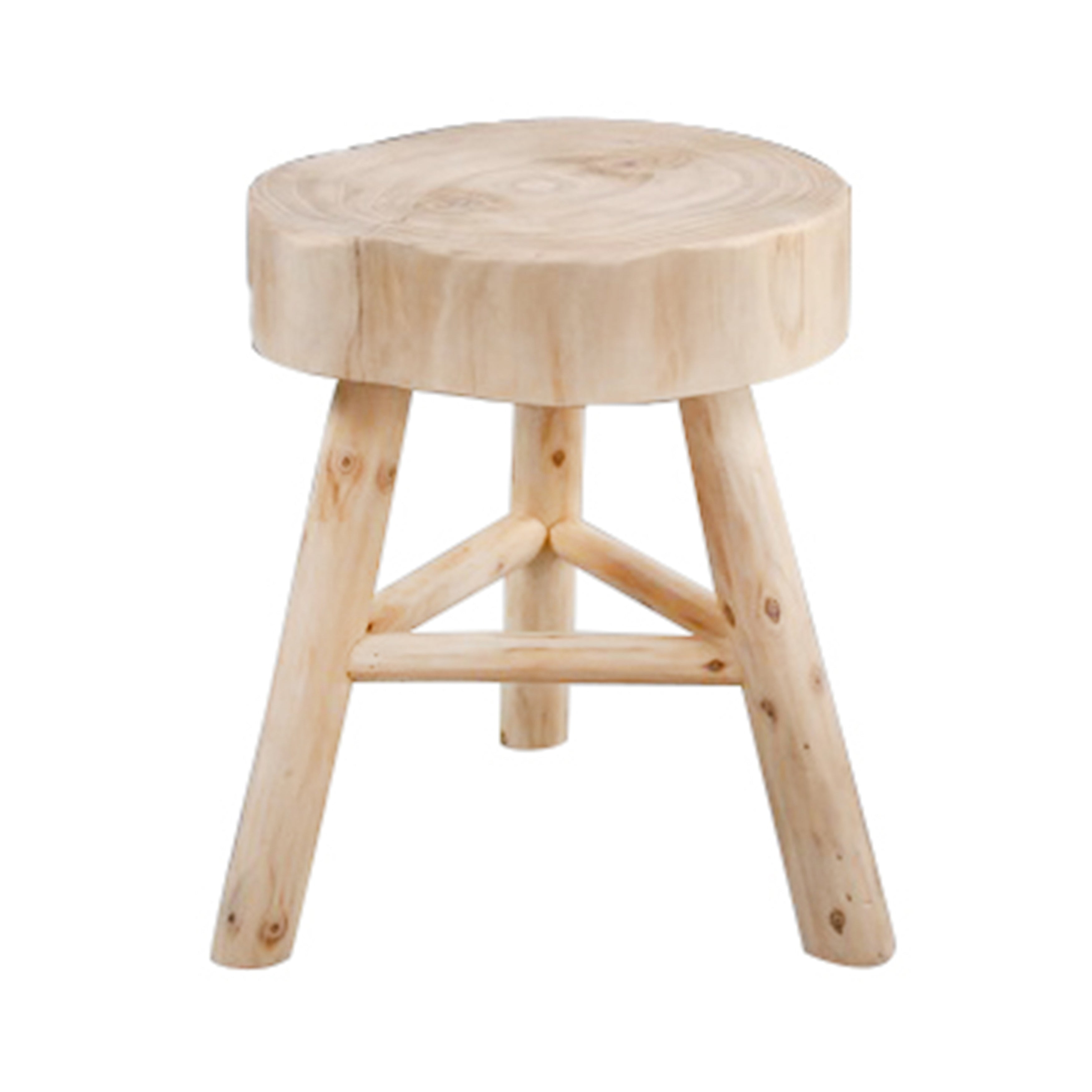 Wooden stool with a round top and four legs on a white background