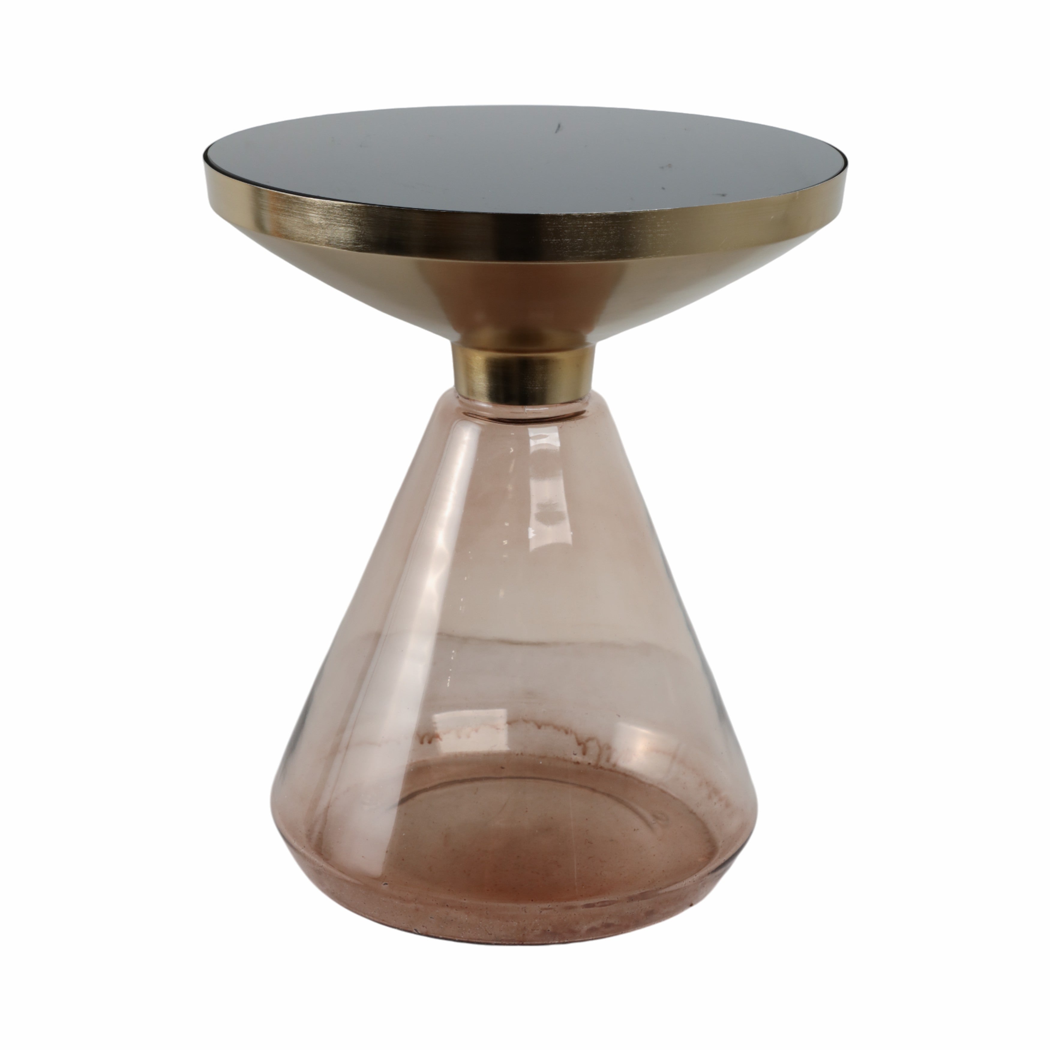 Glass side table with gold base on a white background