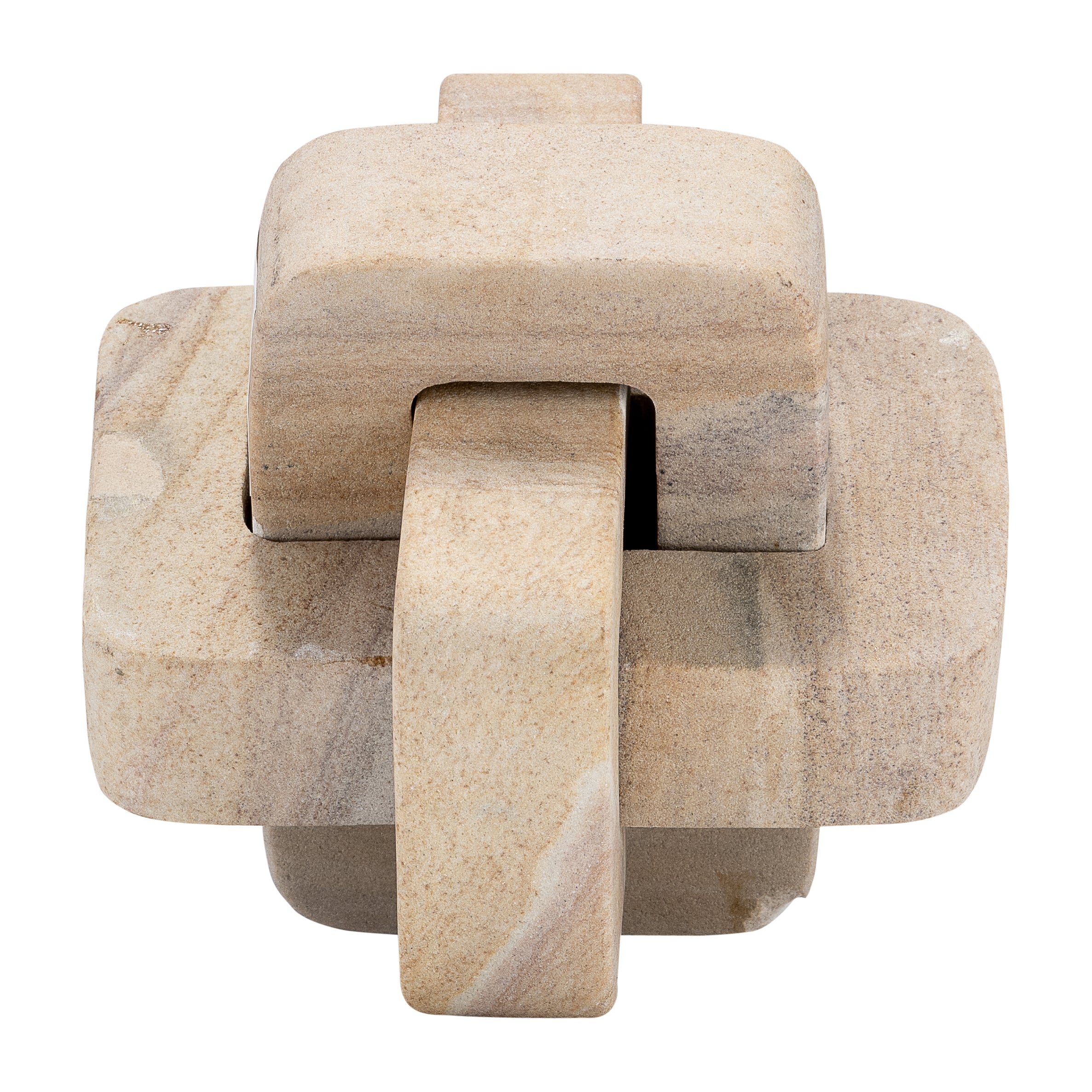 Beige stone sculpture with interlocking geometric shapes on a white background