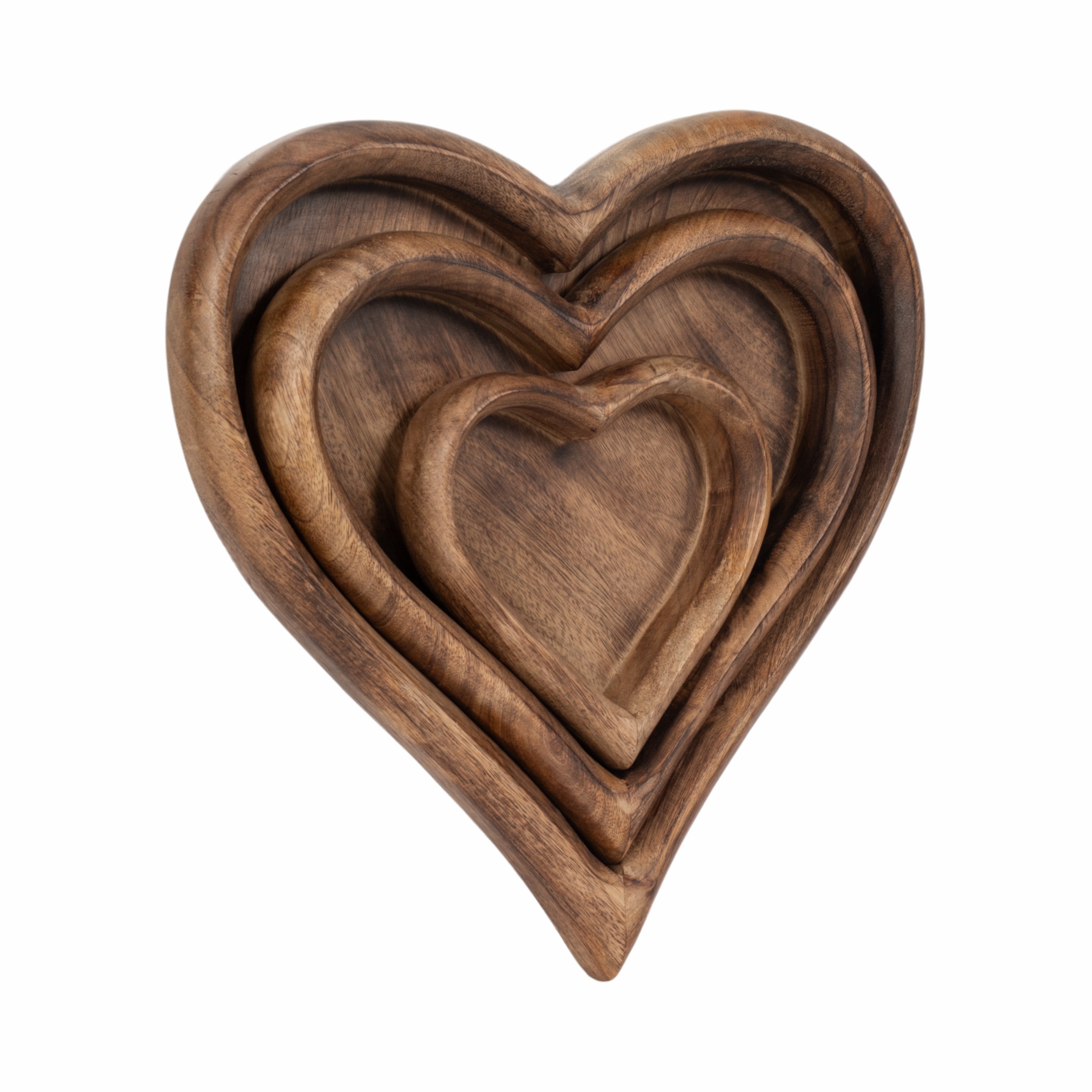 Set of three wooden heart-shaped trays on a white background