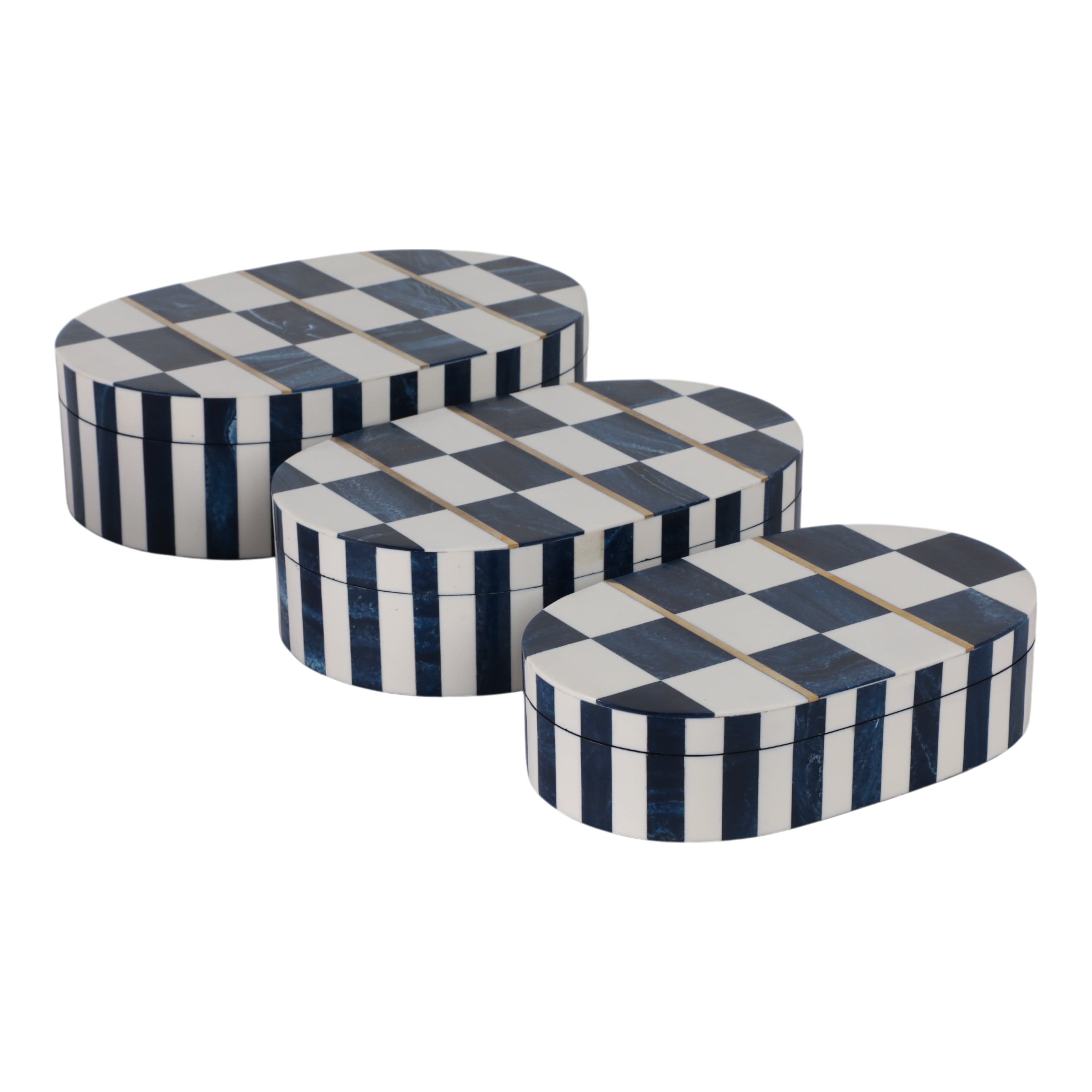 Set of three decorative boxes with blue and white checkered pattern on a white background