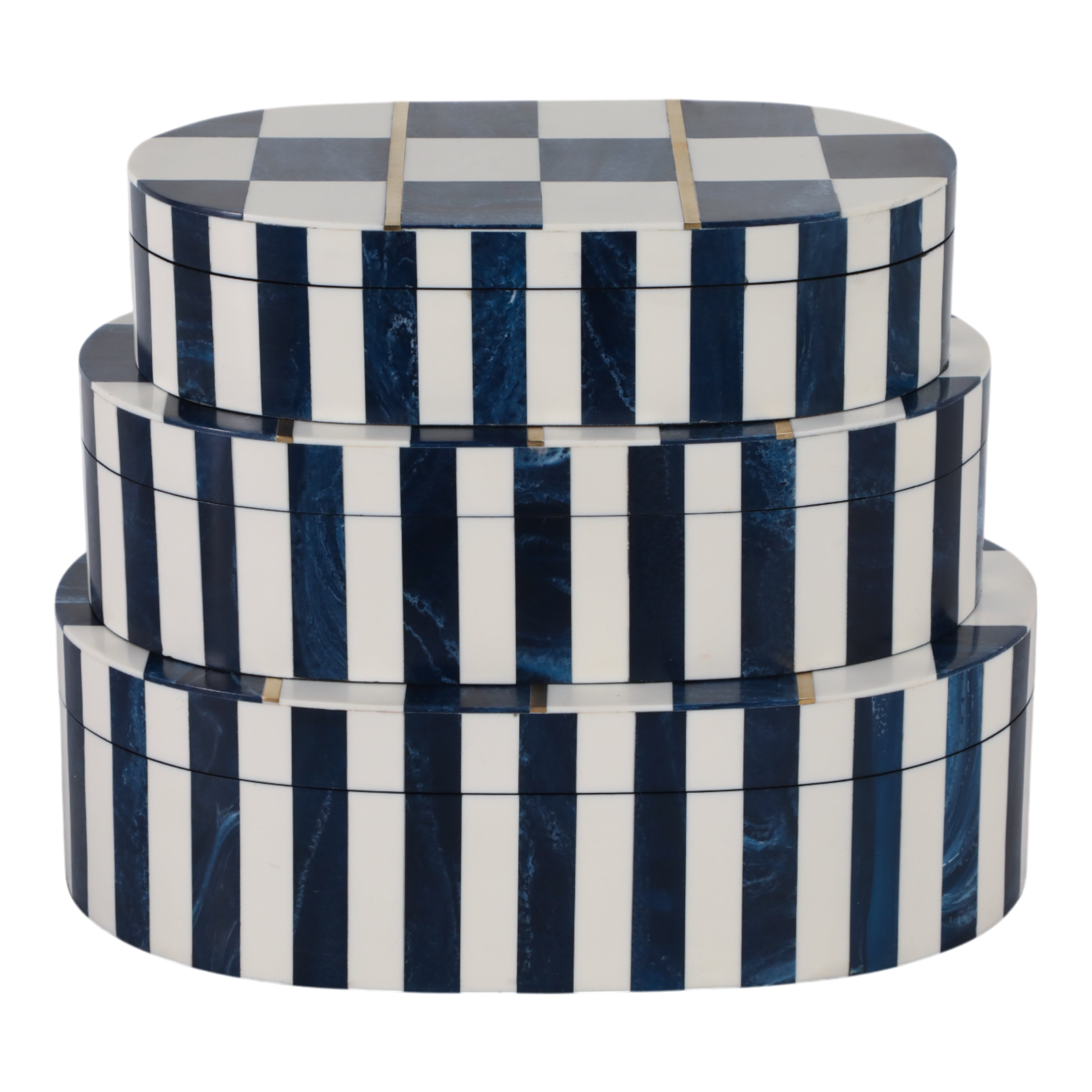 Set of three stacked round boxes with blue and white striped pattern on a white background