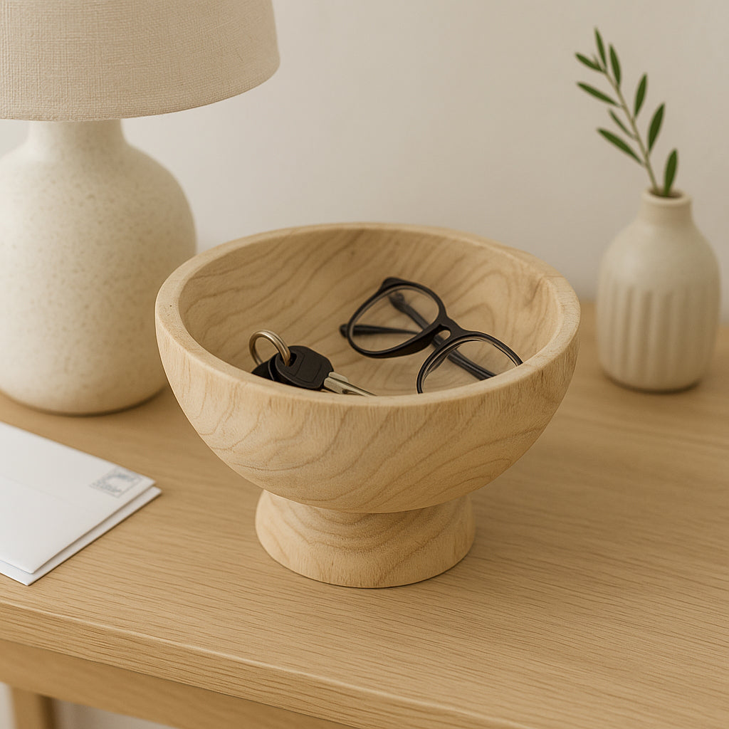 Wooden bowl on a table with glasses and keys, next to a lamp and plant.