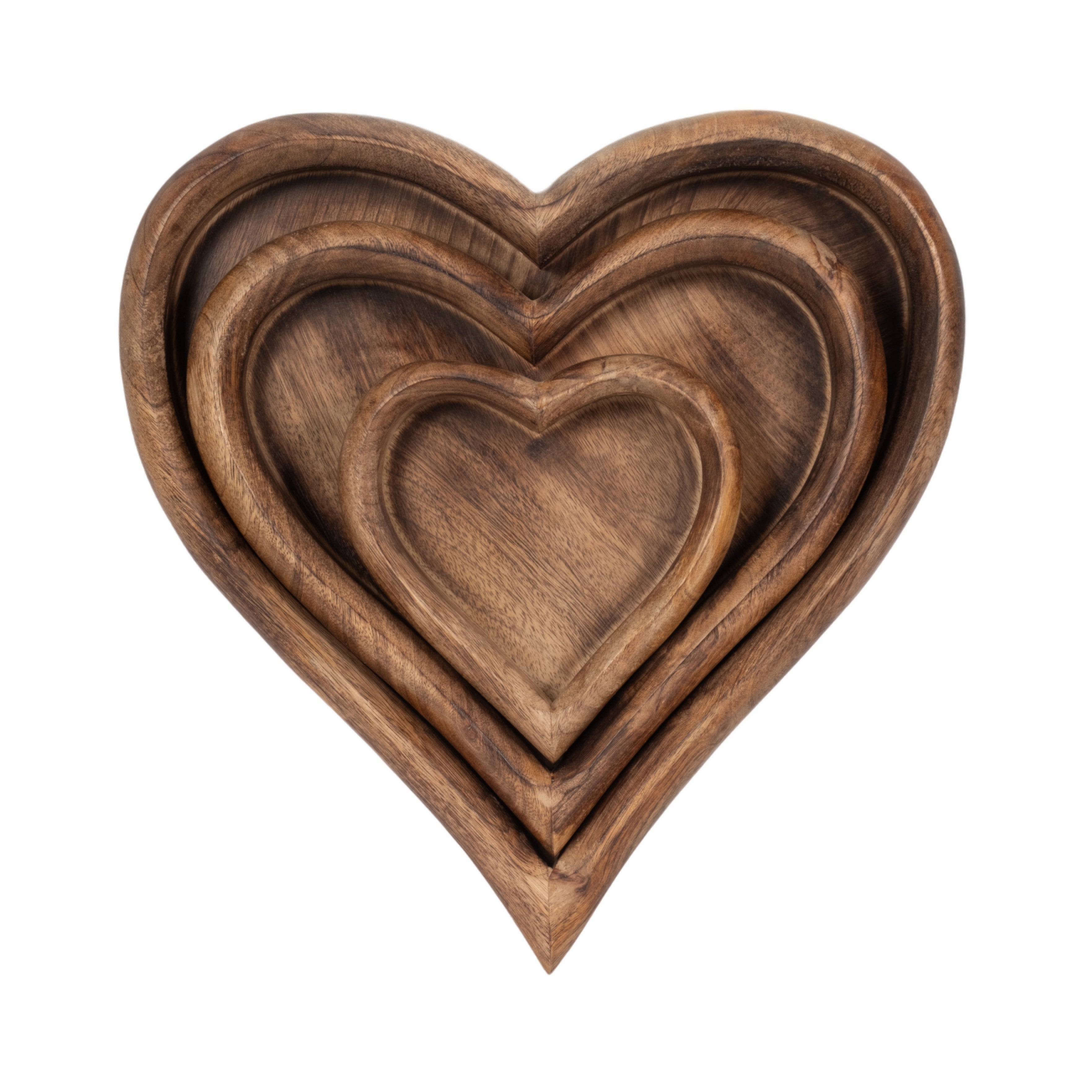 Set of three wooden heart-shaped trays on a white background