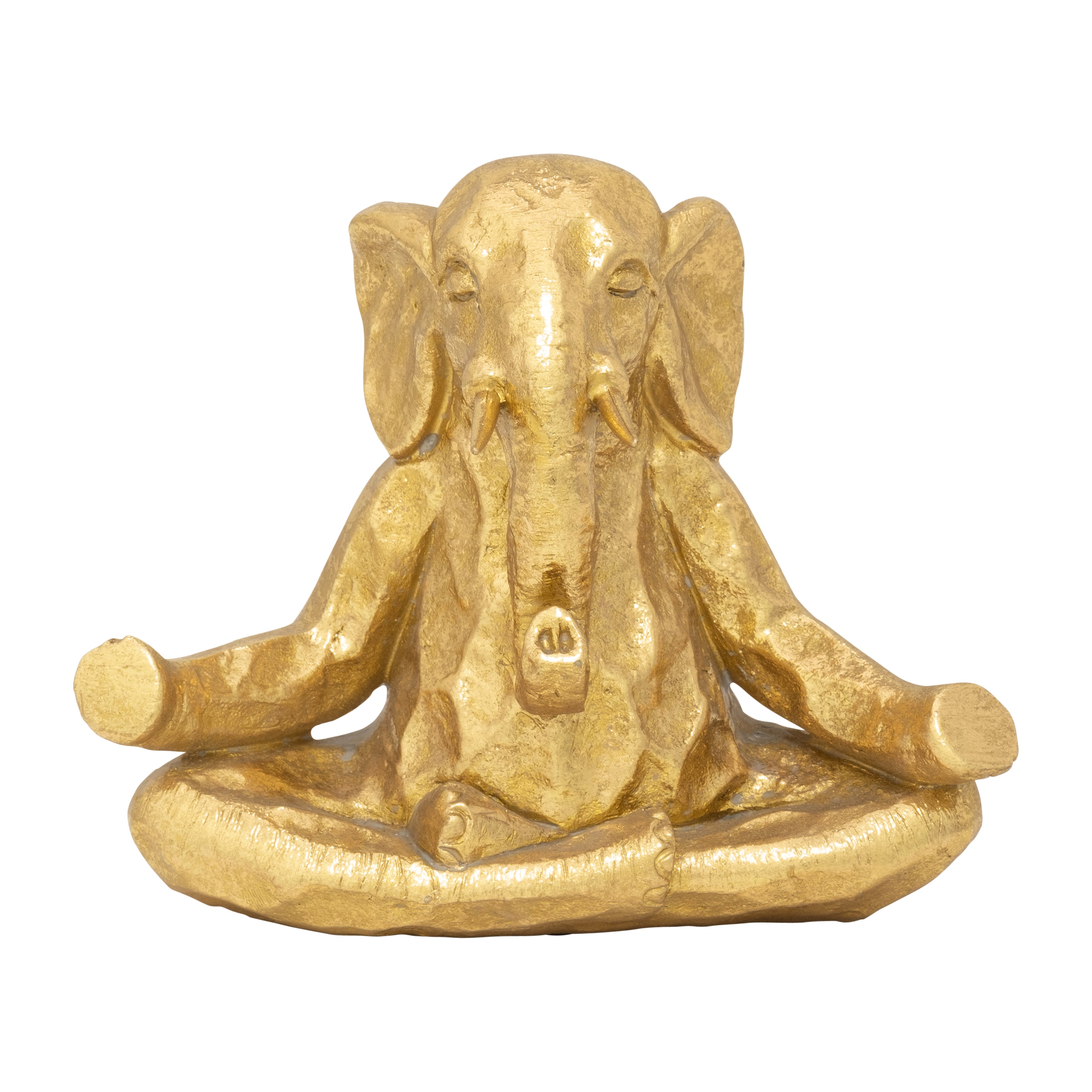 Gold-colored elephant statue in a meditative pose on a white background