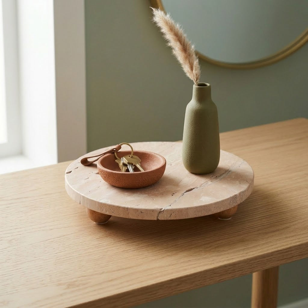 Round wooden tray with a small bowl, keys, and a green vase on a wooden surface.