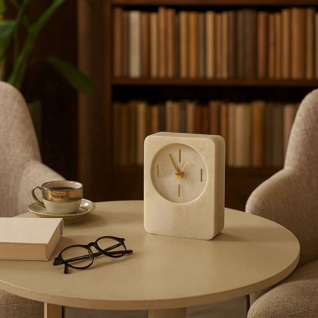 Beige clock on a round wooden table with a book, coffee cup, and glasses in a cozy room.