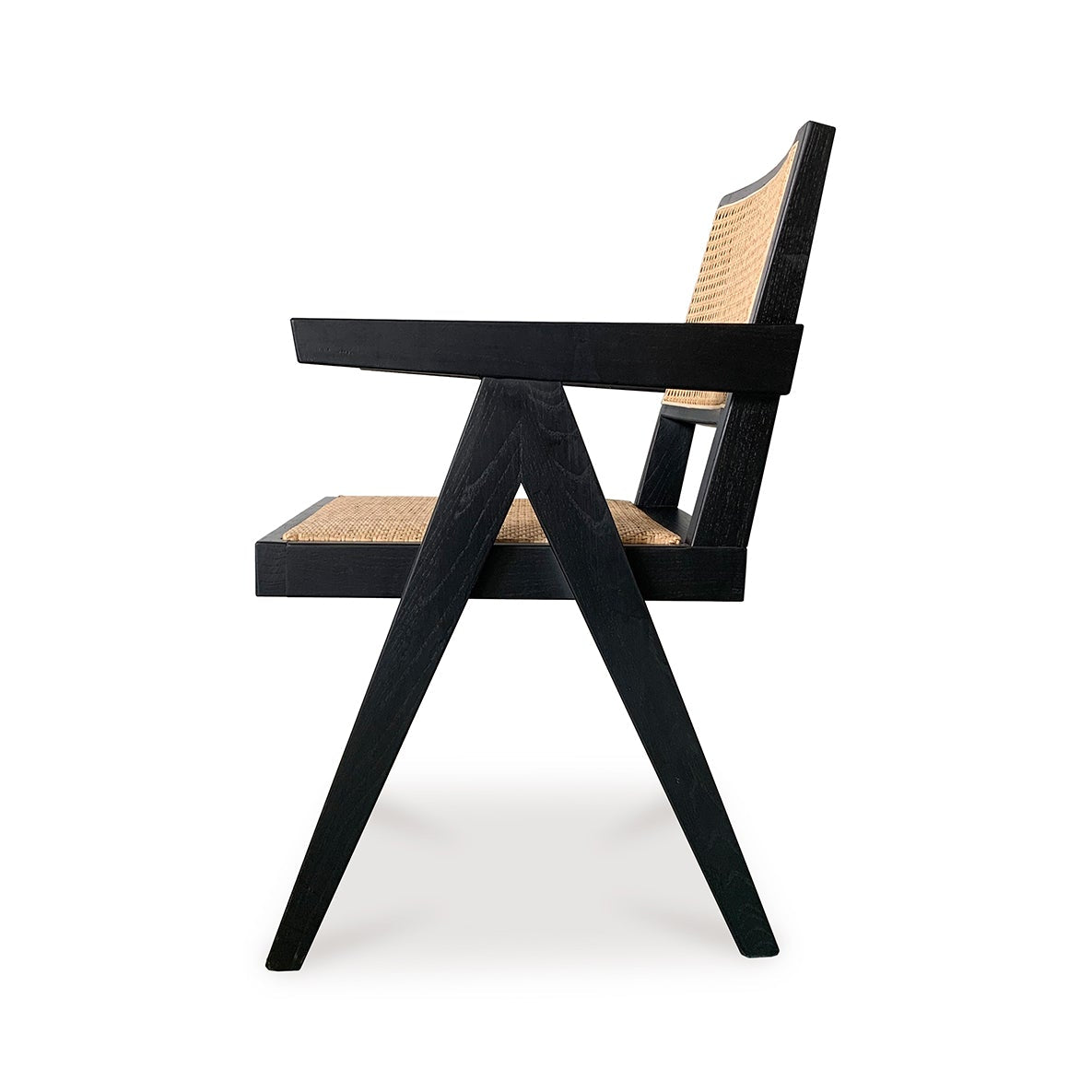 Black chair with woven seat on a white background