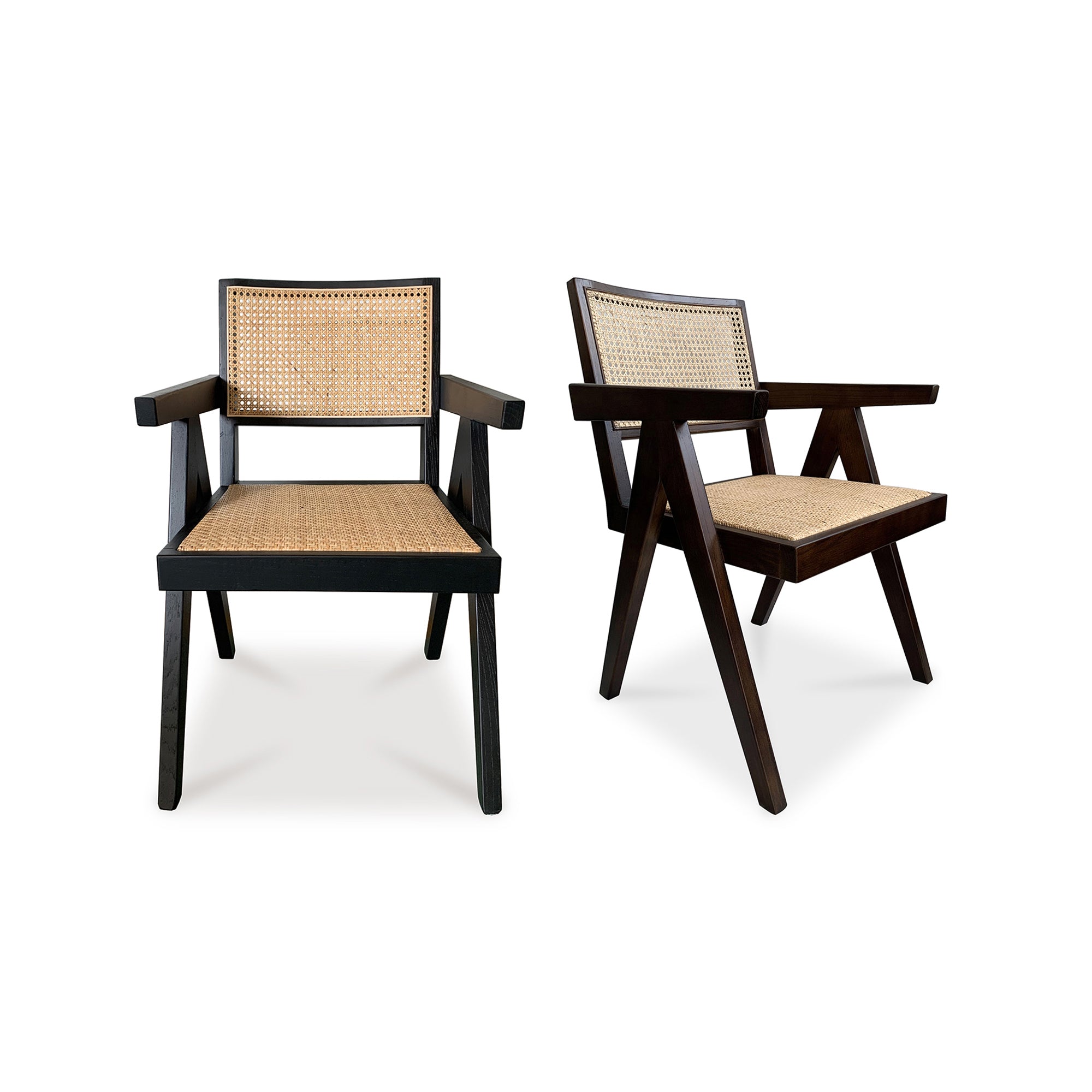 Two wooden dark brown chairs with woven beige seats and backs on a white background