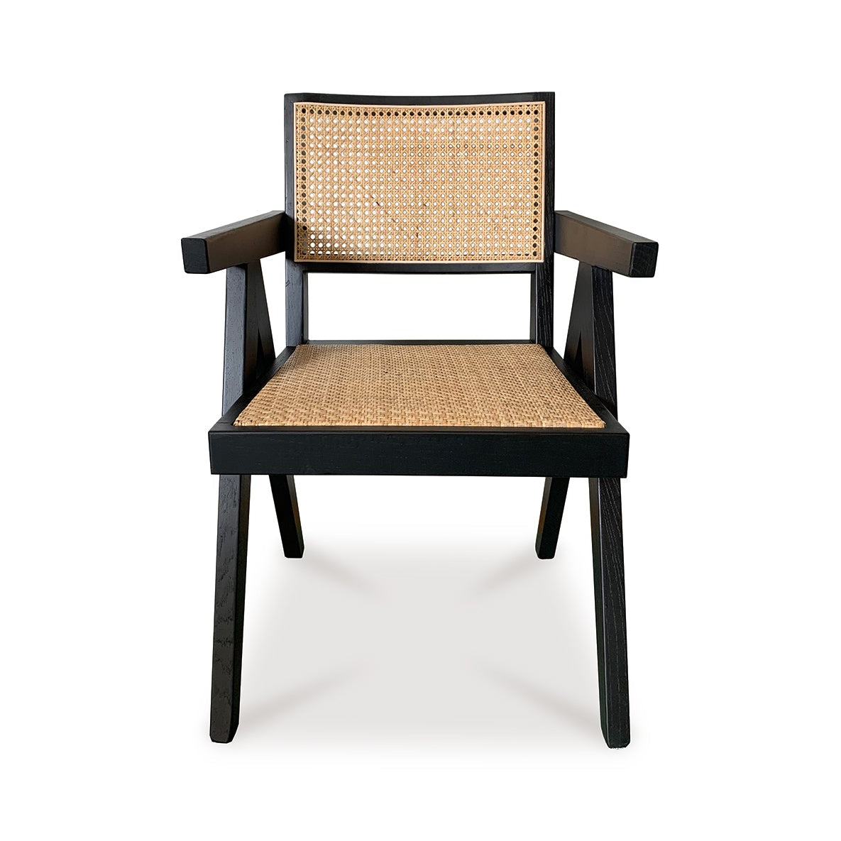 Chair with dark brown frame and woven back and seat on a white background