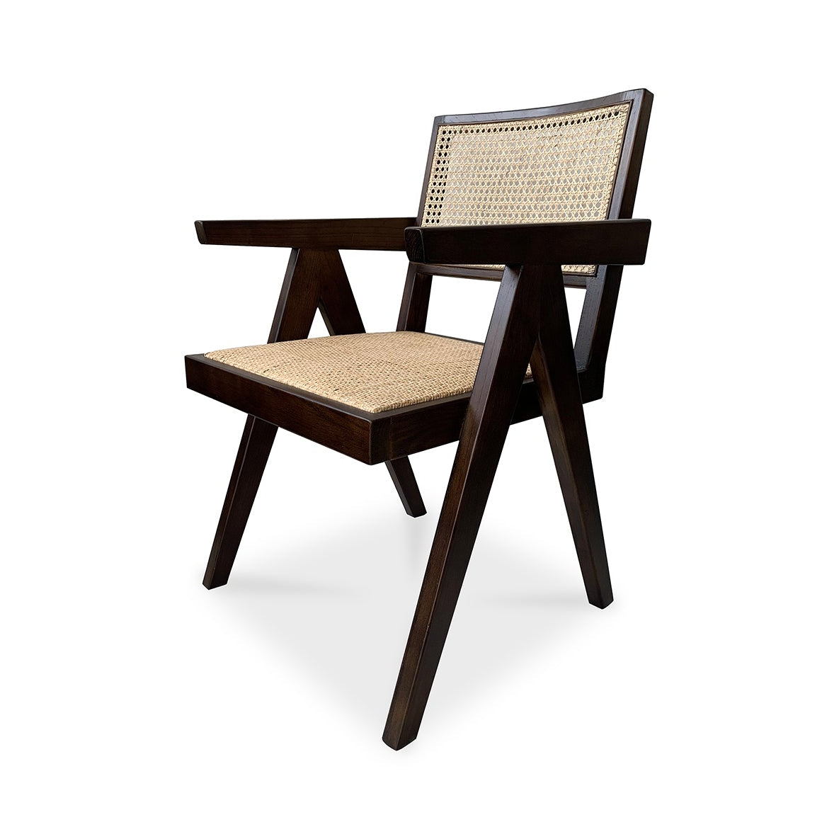Wooden chair with woven backrest and seat on a white background