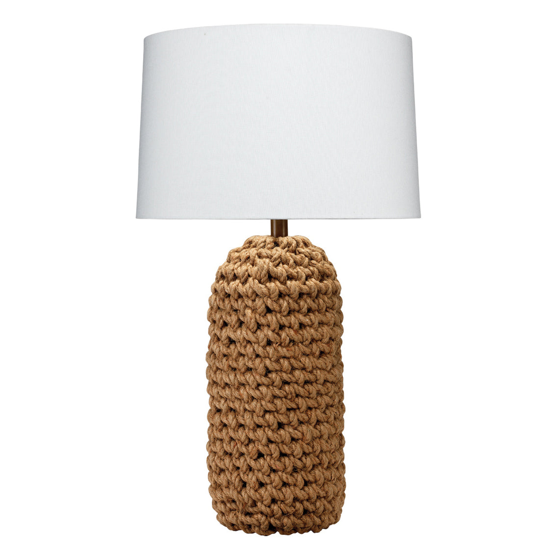 Table lamp with knitted brown base and white shade on a white background