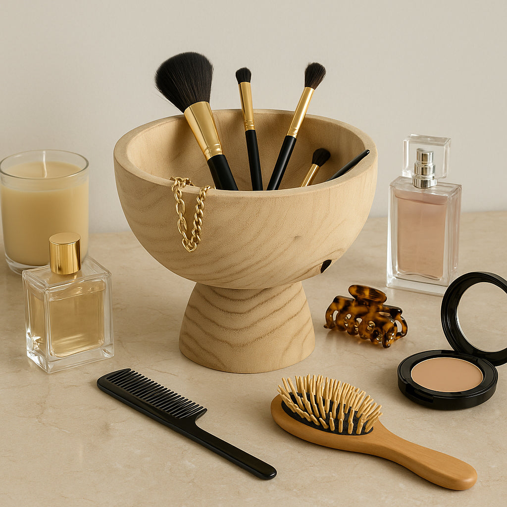 Makeup brushes in a wooden holder with a candle, perfume, and other beauty products on a light surface.